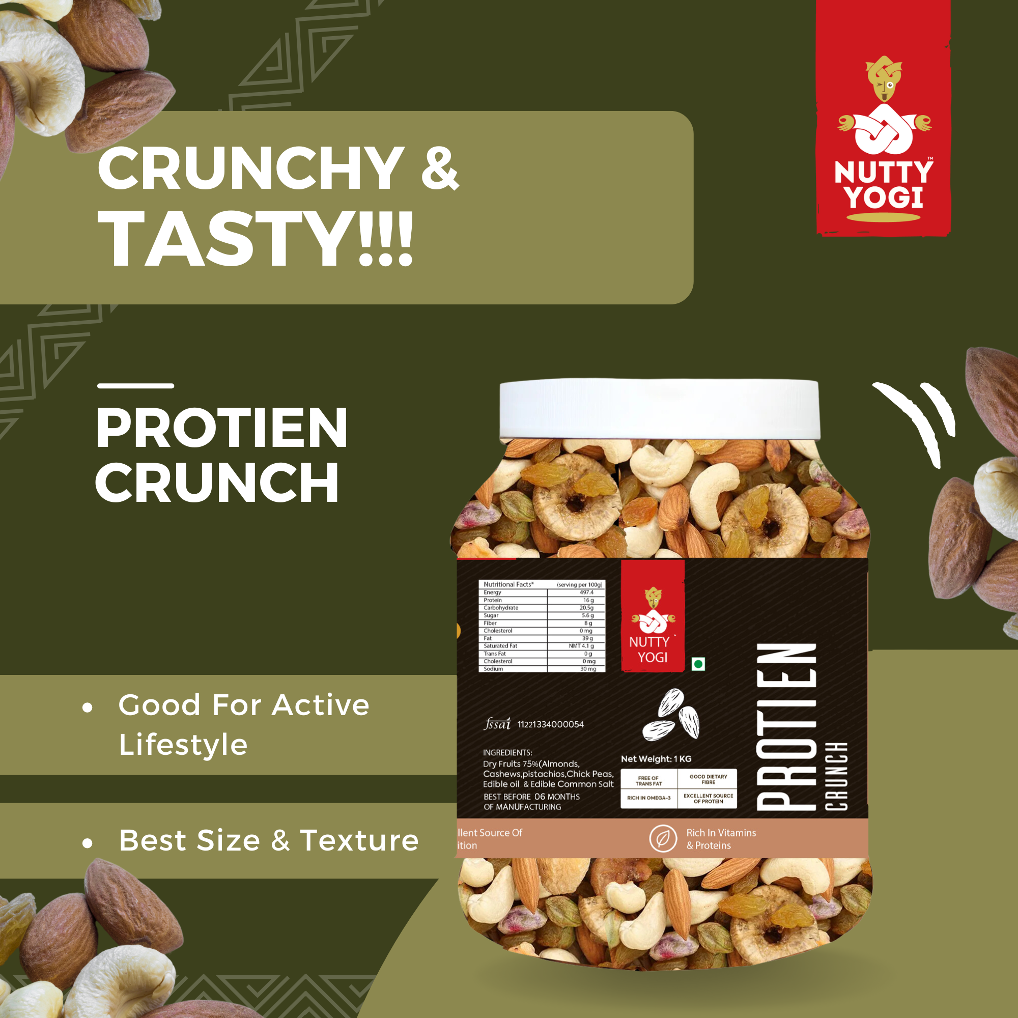 Nutty Yogi Protein Crunch, Premium Dry Fruit Mix, Healthy Trail Mix with Dry Fruits | Mix Dry Fruit | Almonds I Cashews I Pistachio I Chickpeas | Reusable Jar (1Kg)