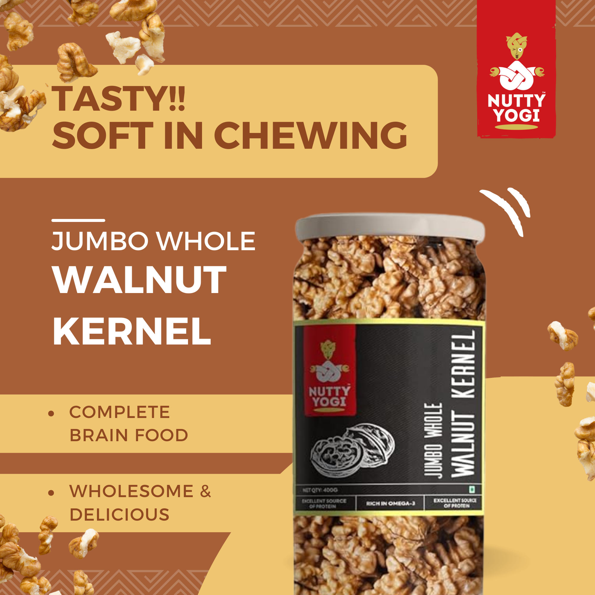 Nutty Yogi Walnuts Jar 400g| Premium Akrot Giri | Rich in Protein & Iron | Low Calorie Nut | 0g Trans Fat & Cholesterol Free