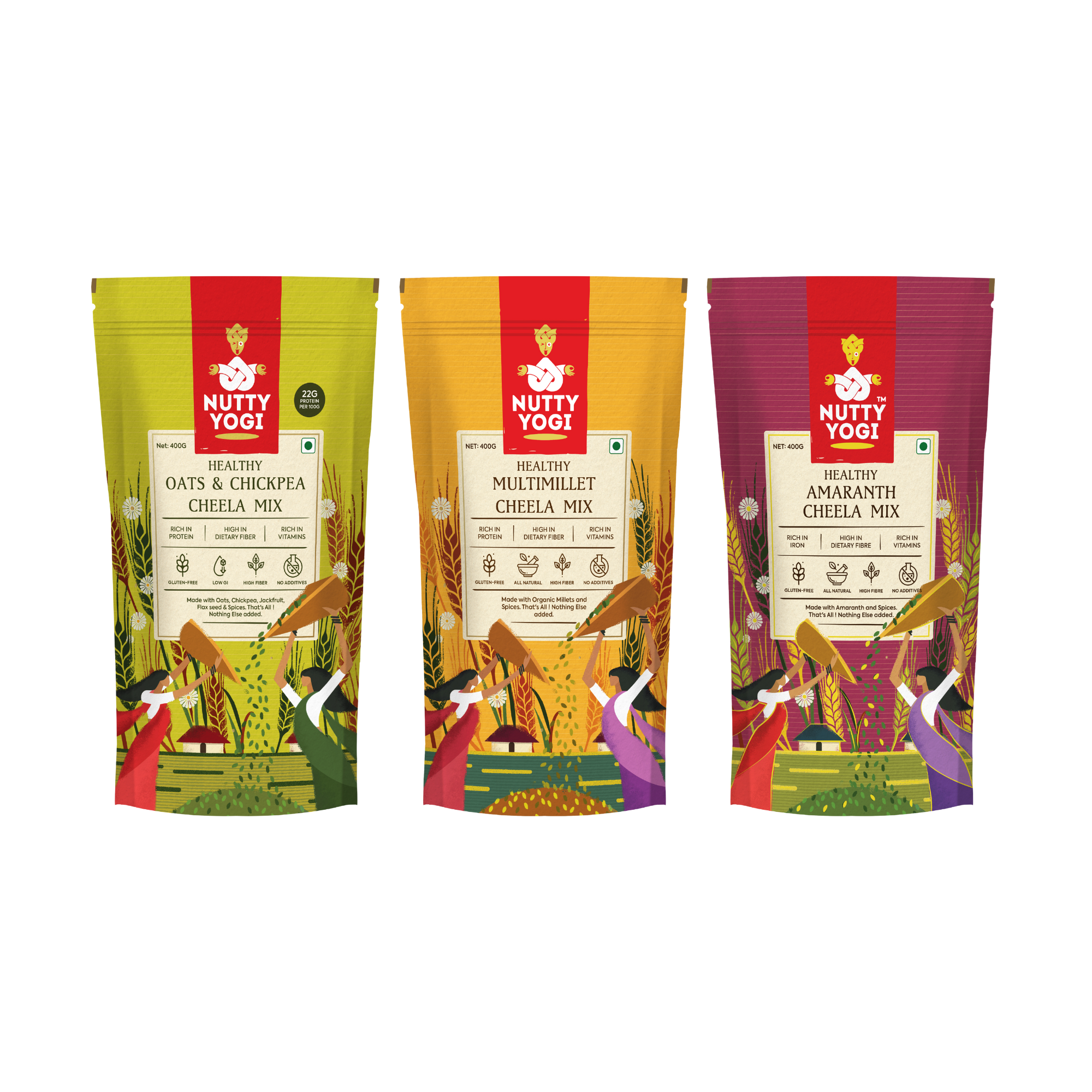 Protein-Packed Cheela Stack Combo (Oats & Chickpea Cheela Mix, Multimillet Cheela Mix, Amaranth Cheela Mix) 1.2kg