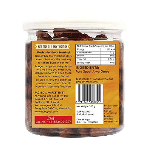 Nutty Yogi Original Ajwa Dates | Rich in Vitamins and Minerals | Original Imported Dates - 200gm (Pack of 2)
