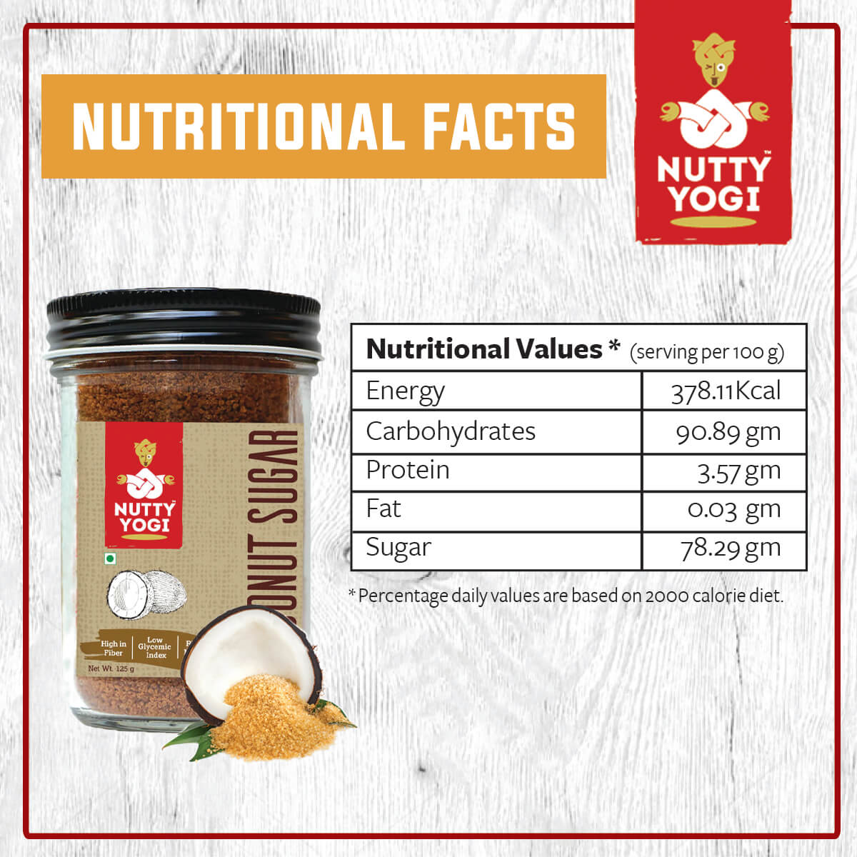 Nutty Yogi Coconut Sugar 125gm | Pure & Organic Coconut Sugar | Certified Organic & Healthy Alternative to Sugar | Freshly made Good For Sugar Control, Low GI, Vegan | Gluten & Preservatives Free