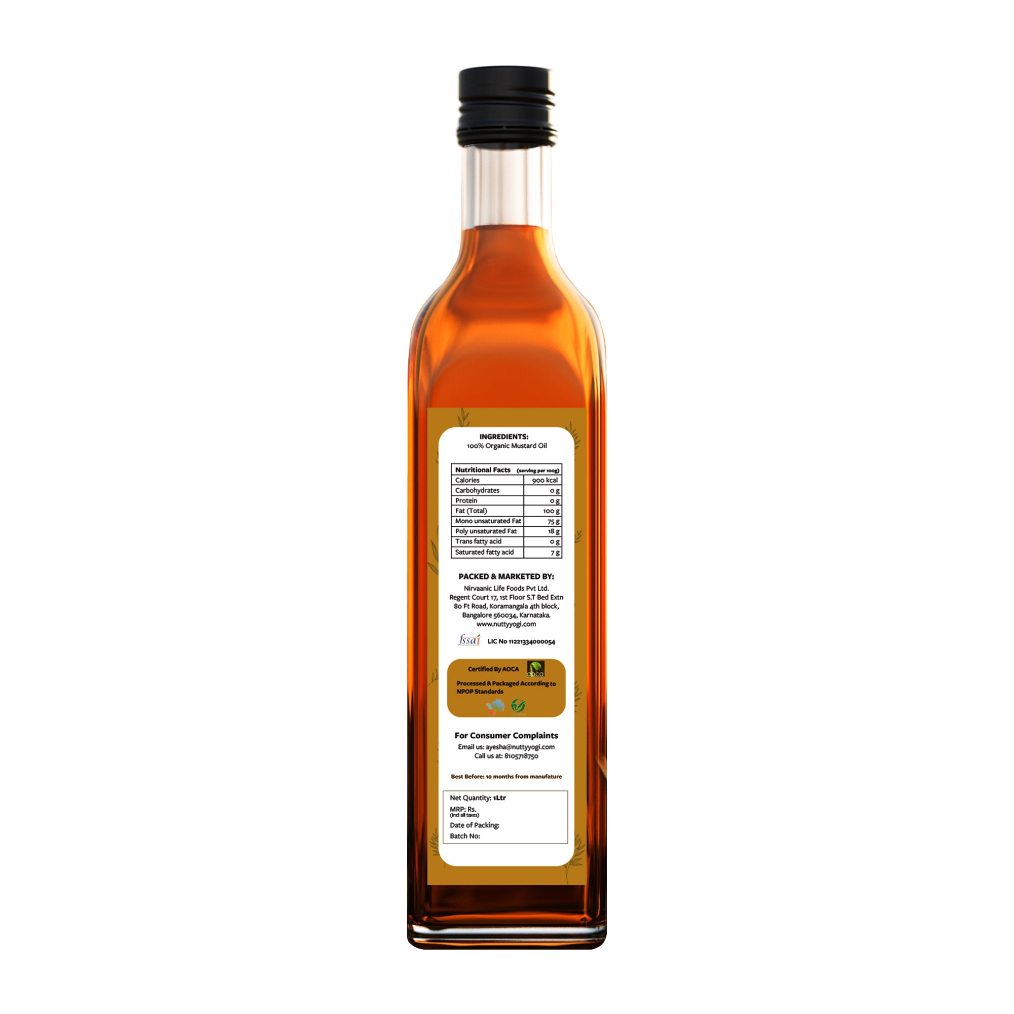 Nutty yogi organic cold pressed Mustard oil |Natural cooking oil|No additives 1 L