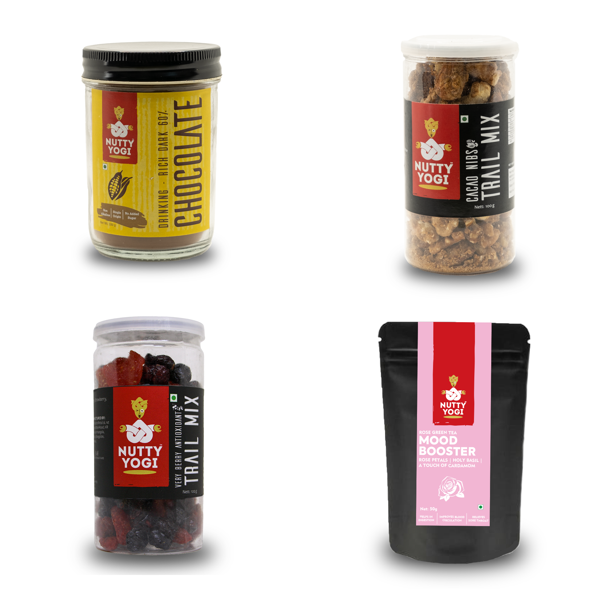 Nutty Yogi Mood Boosters (Mood Booster Tea-50 g, Very Berry Trail Mix-100 g, Cacao Nibs-100 g, Hot Chocolate-100 g)