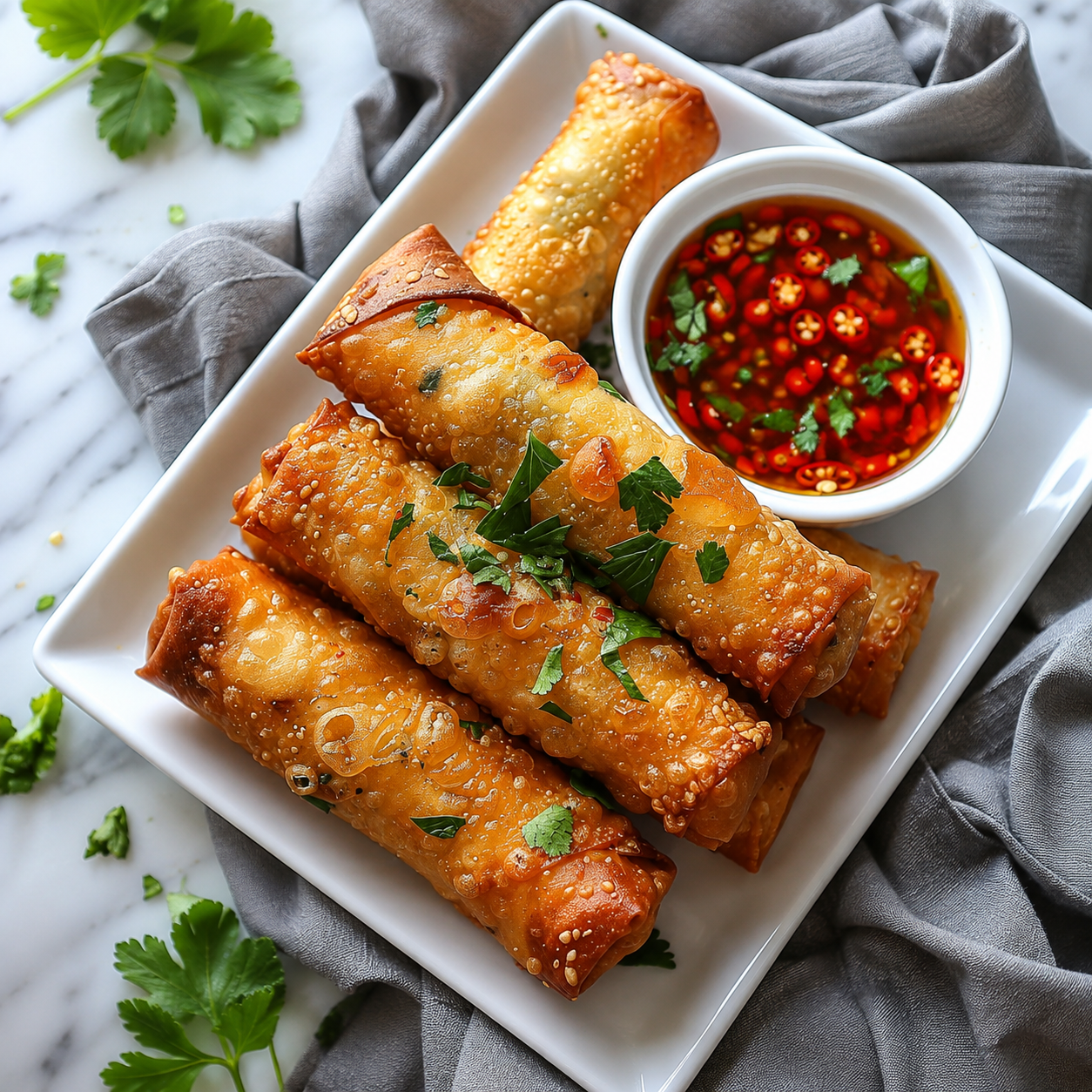 Crispy gluten-free spring rolls with homemade flour wrappers served with spicy chili dipping sauce on a white plate.