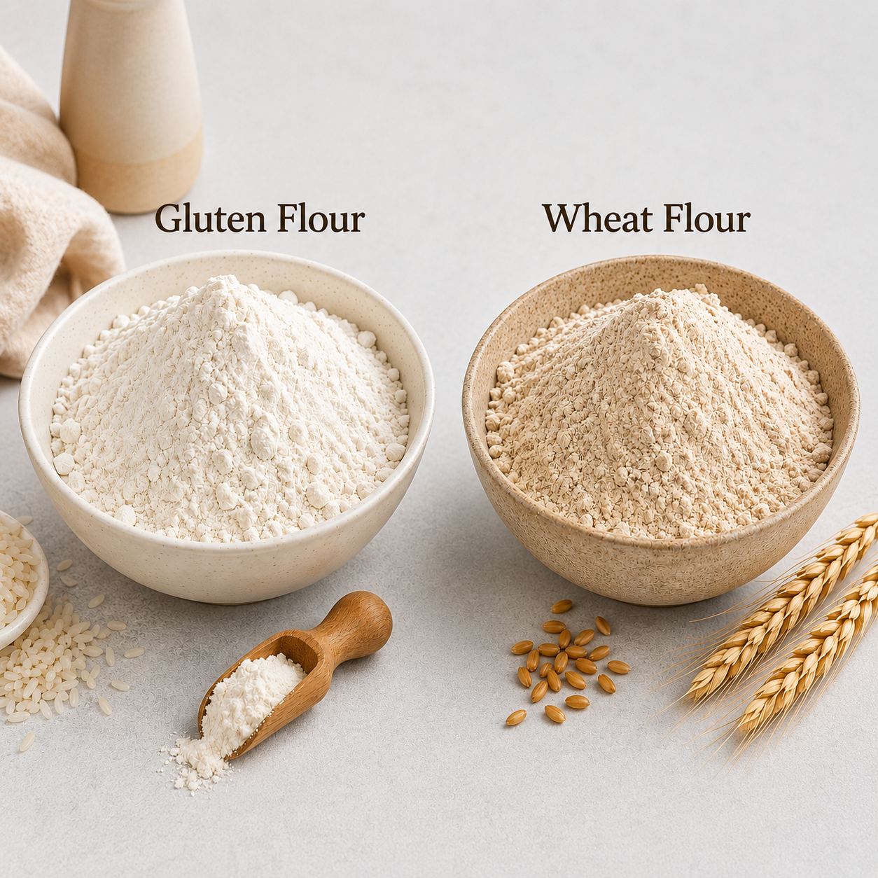 Gluten-free flour and wheat flour comparison showing texture, color, and grain differences