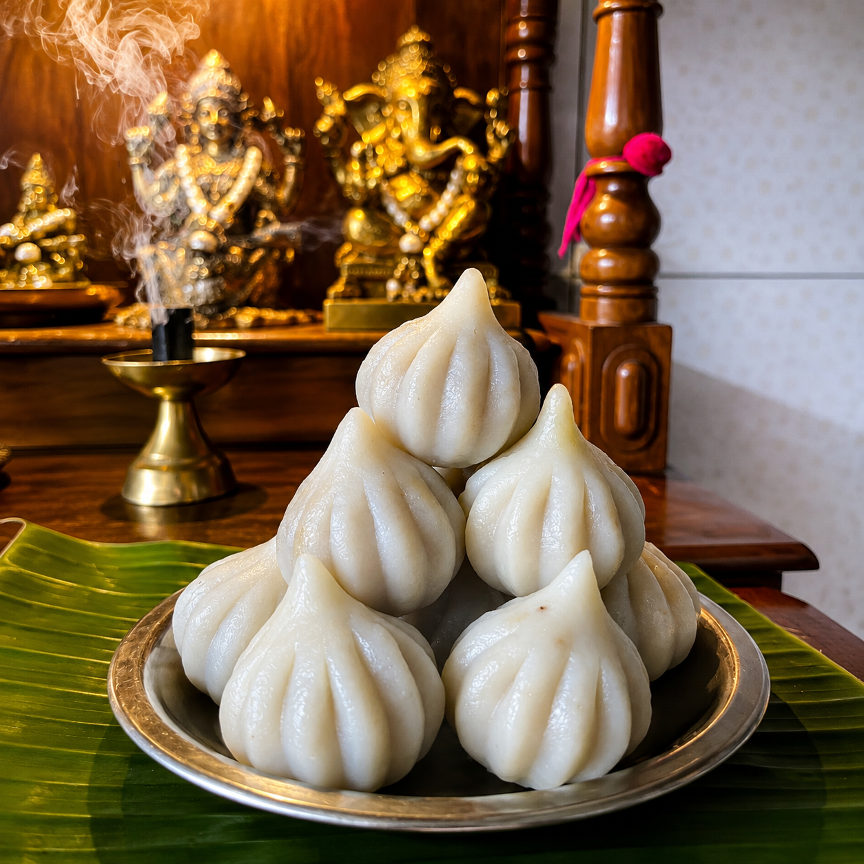 Gluten-free modaks with a soft, pleated outer covering arranged on a silver plate with a traditional festive backdrop.