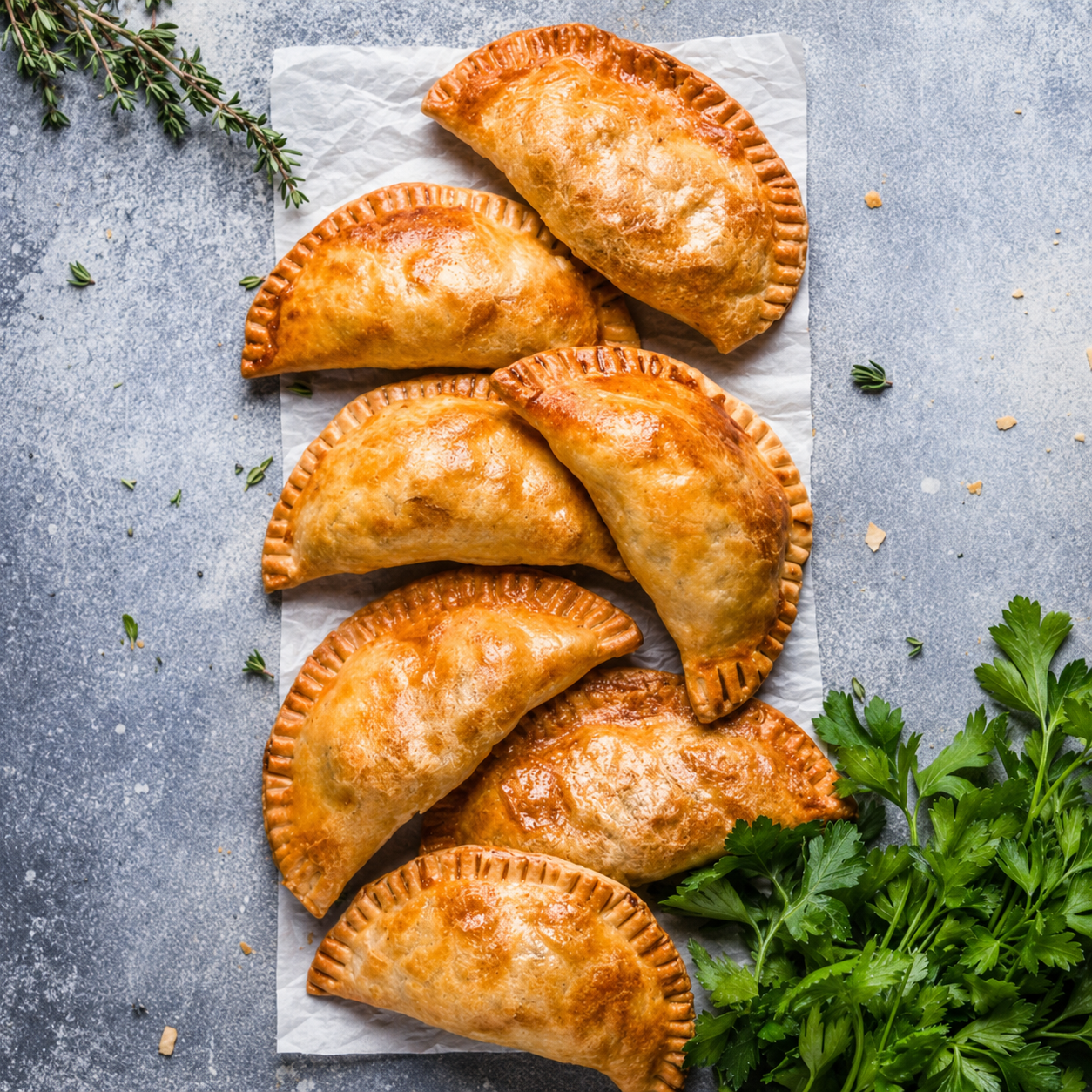 Golden-brown gluten-free baked empanadas with crimped edges arranged on parchment paper, garnished with fresh parsley and herbs on a rustic gray surface.