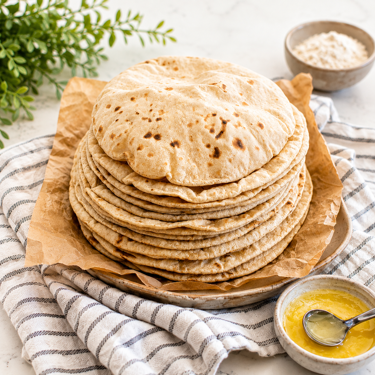 Soft homemade gluten-free rotis stacked on a plate with melted ghee, made using Nutty Yogi Gluten Free Superlite Flour