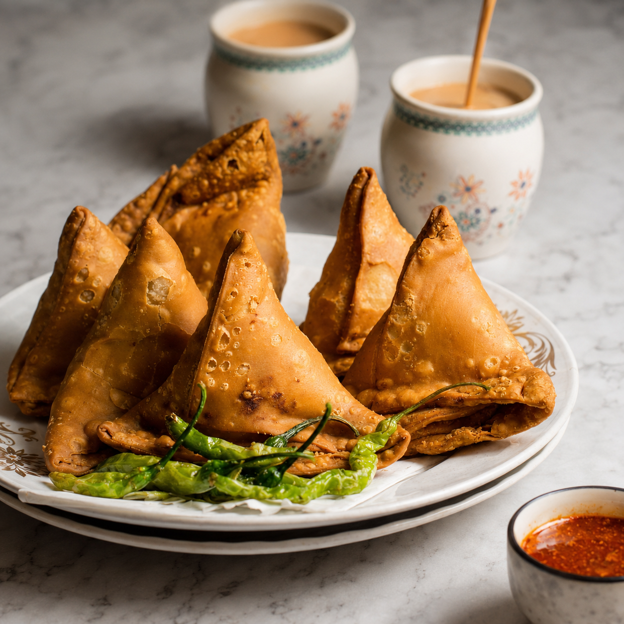 Crispy golden gluten-free samosas served with green chilies, chutney and cups of chai on a marble table.