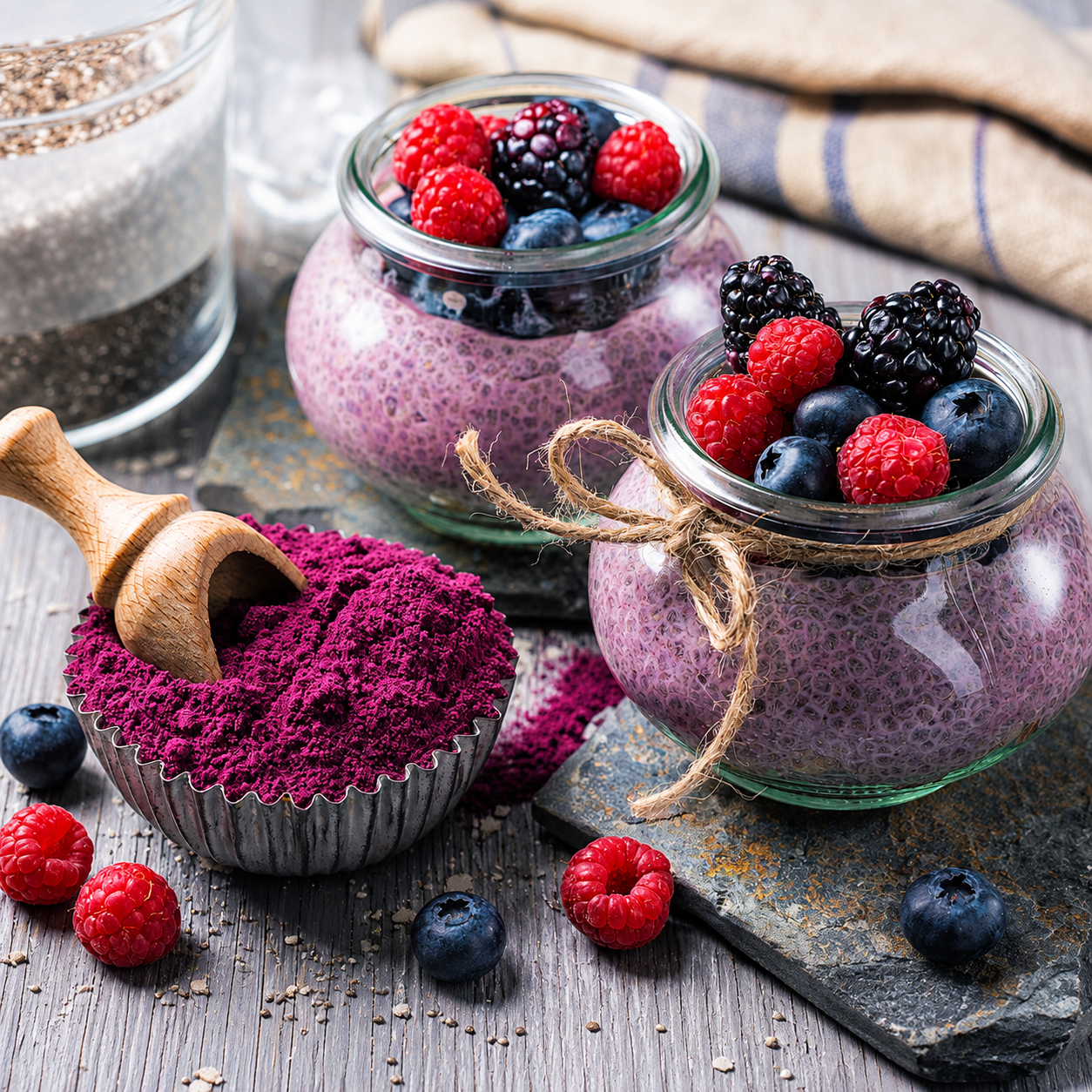 Two glass jars filled with purple chia seed pudding topped with fresh berries, alongside a bowl of powdered purple powder and a jar of chia seeds on a rustic wooden surface.