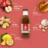 A bottle of Nutty Yogi Apple Cider Vinegar centered on a coral pink background, surrounded by ingredient callouts and photos of apple, honey, ginger, lemon, and garlic with arrows naming their flavor profile.