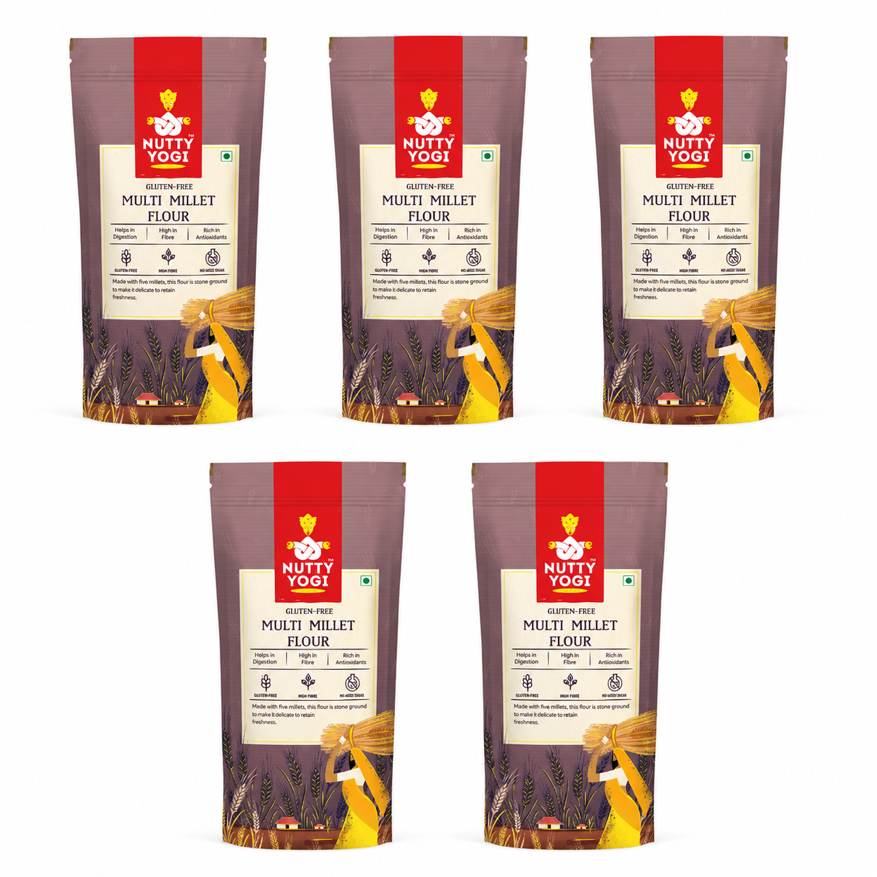 Five stand-up pouches of Nutty Yogi Multi Millet Flour arranged in two rows on a plain white background. The packaging is primarily dark brown with a red vertical banner, a cream label, and yellow/orange illustration accents.