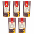 Five stand-up pouches of Nutty Yogi Multi Millet Flour arranged in two rows on a plain white background. The packaging is primarily dark brown with a red vertical banner, a cream label, and yellow/orange illustration accents.