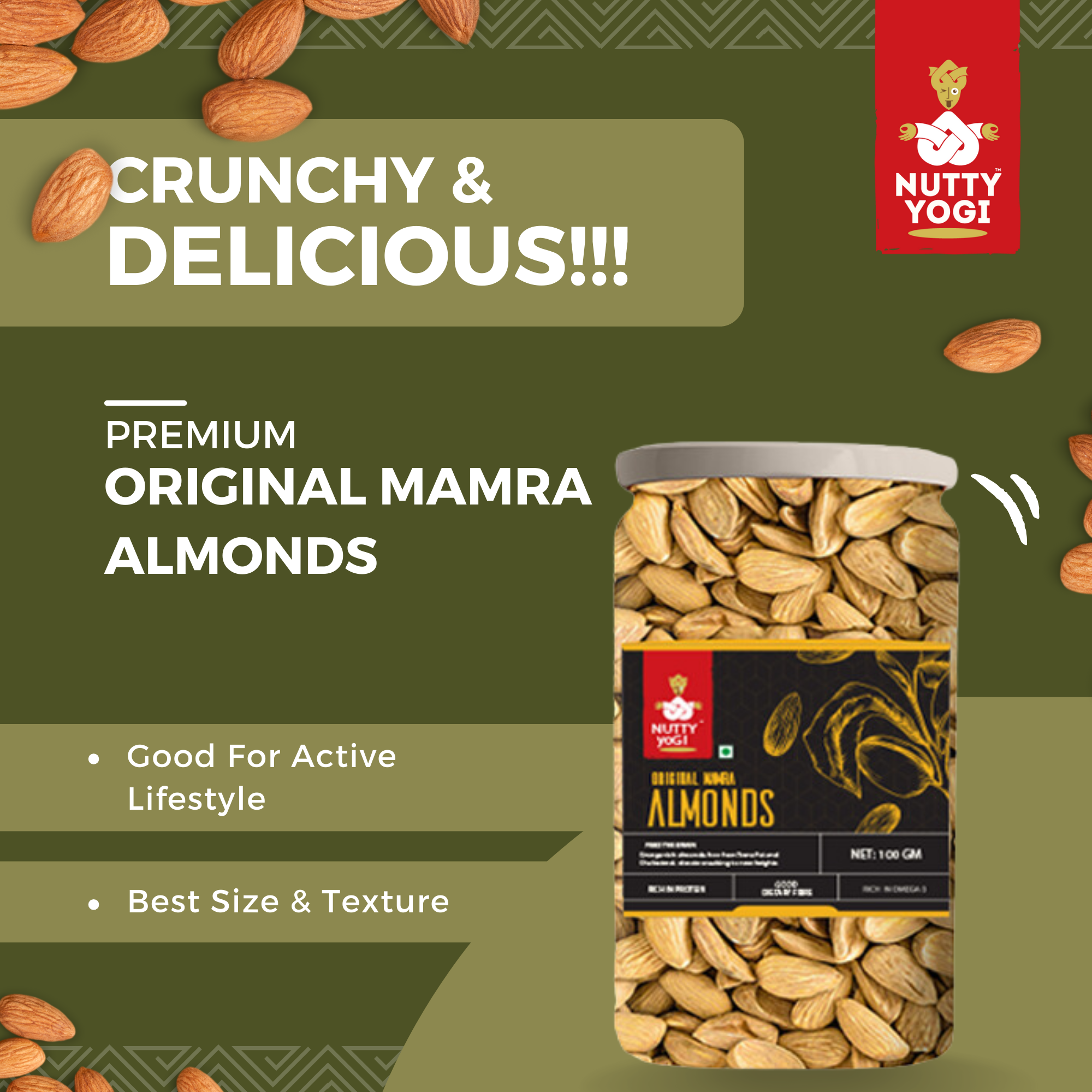 Nutty Yogi Mamra Almonds 100GM jar | No Additives | Gluten Free | Vegan | Non GMO | Nuts | Dry Fruits