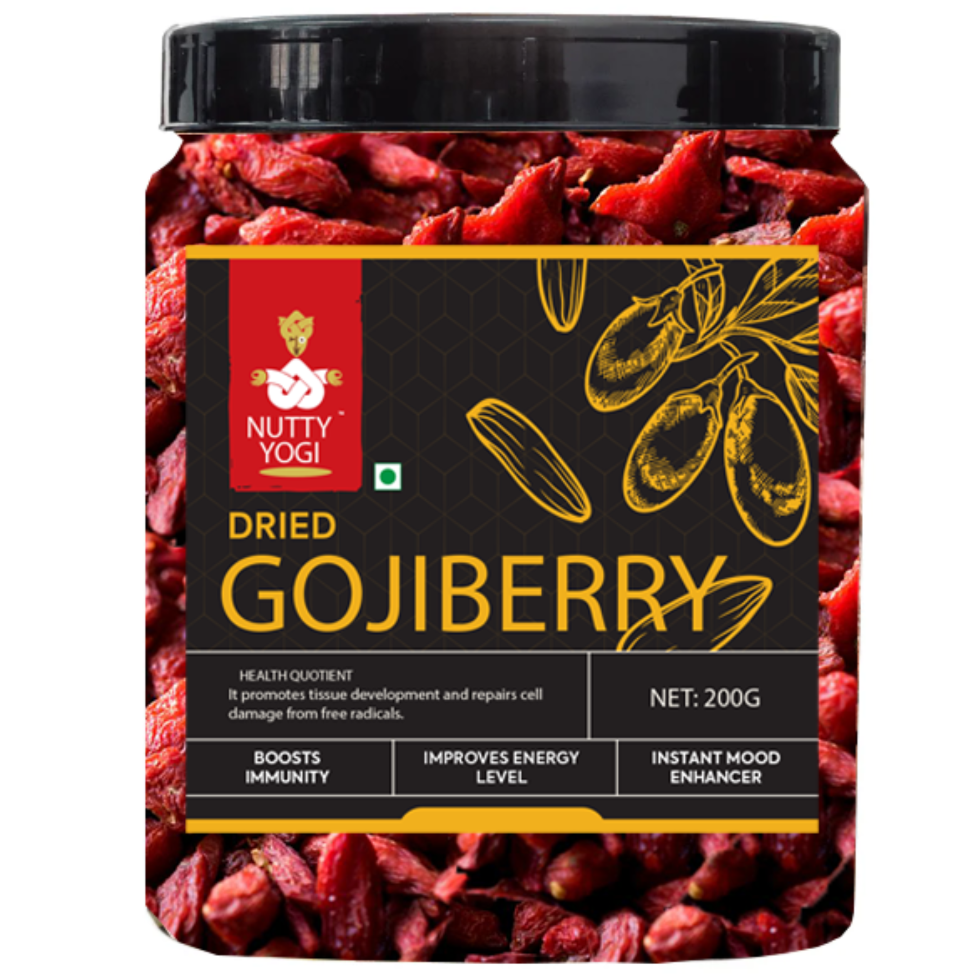 Nutty Yogi Dried Goji Berries, 250g (Unsweetened | Garnish or Add to Fruit Salads, Oatmeal, Mueslis, Trail Mixes, Ice creams, Baked Goods)