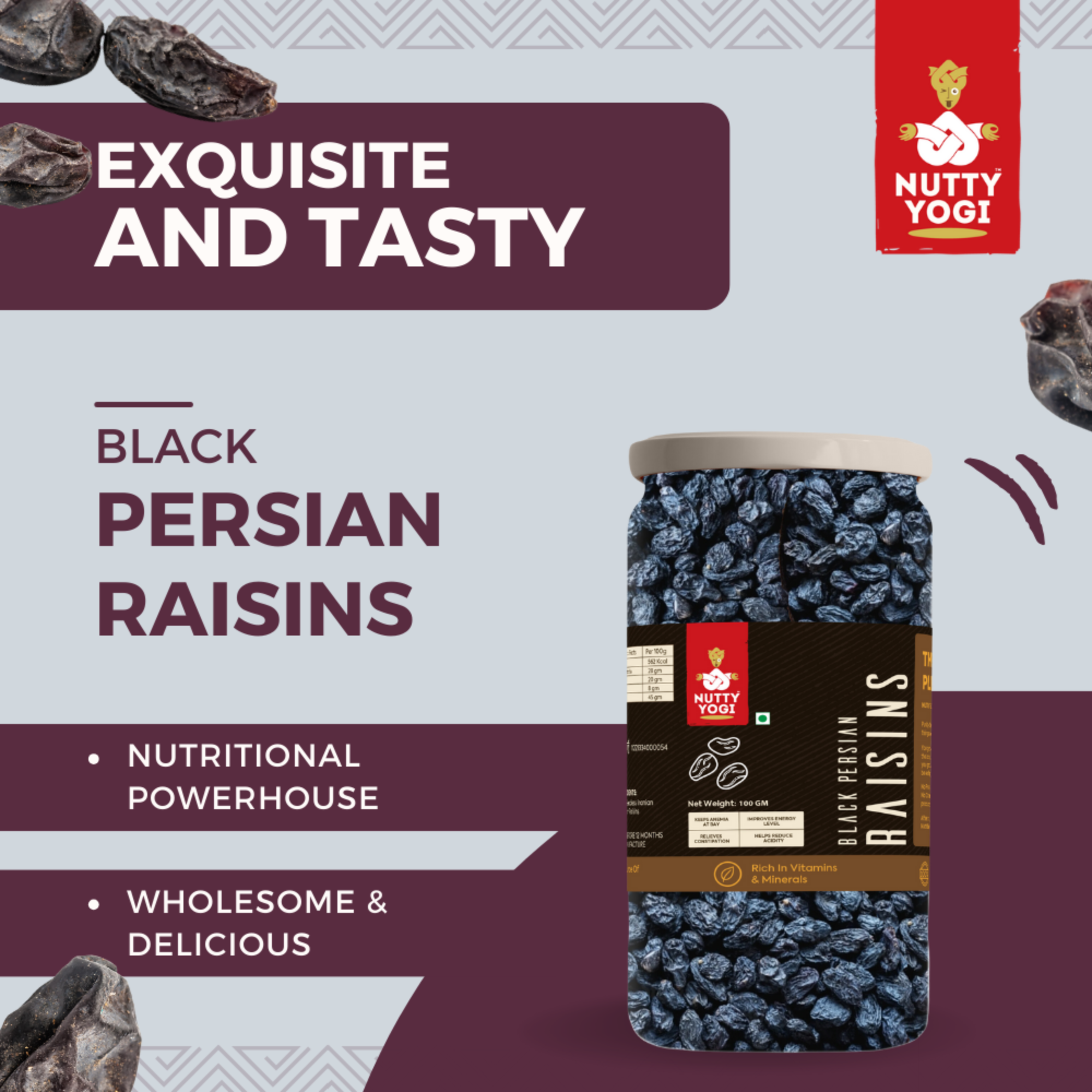 Nutty Yogi Black Persian Raisins | Seedless Kishmish | Naturally Contains Anti Oxidants - 100gm (Pack of 1)