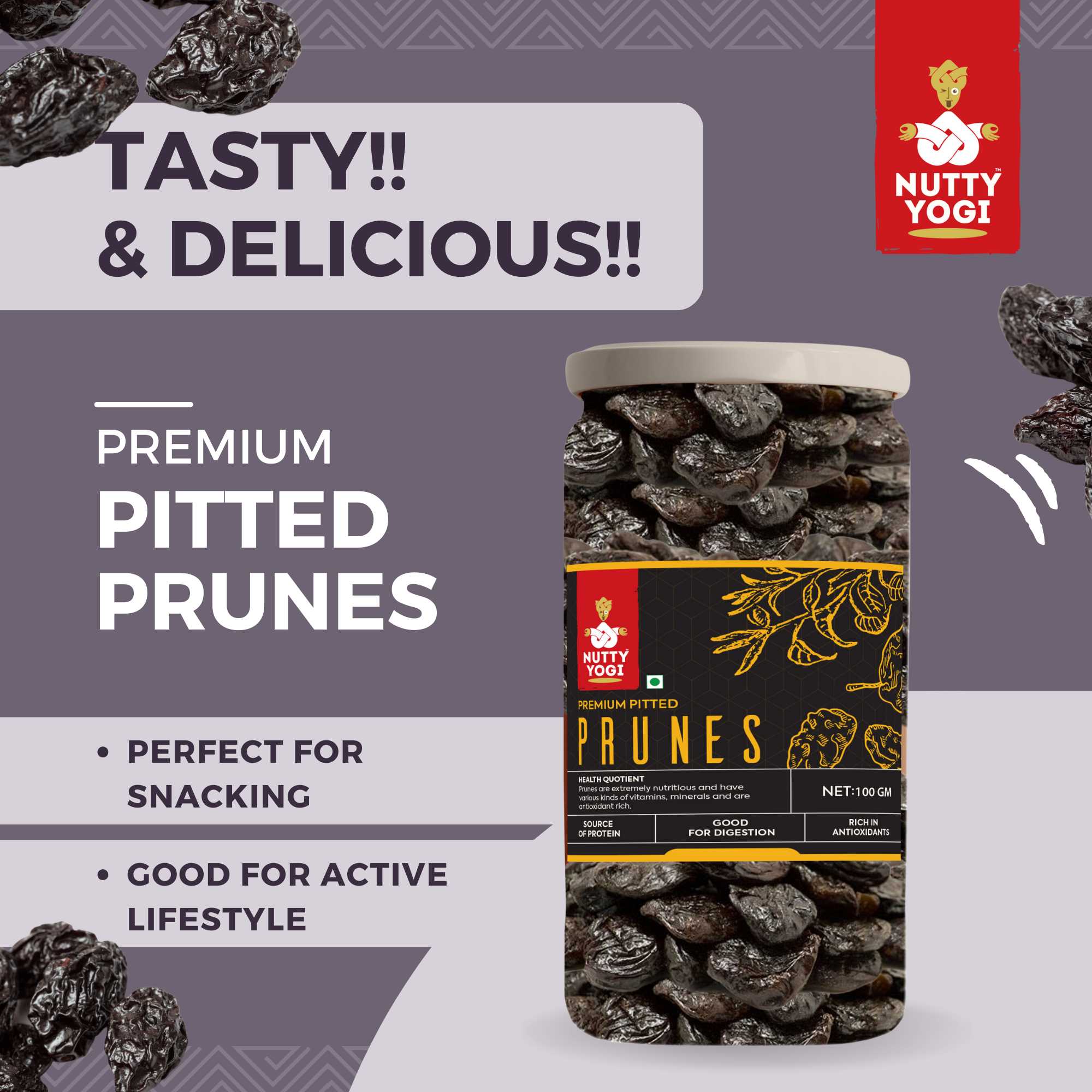 Nutty Yogi Prunes 100GM | Dried Premium Pitted California Prunes Health Snack