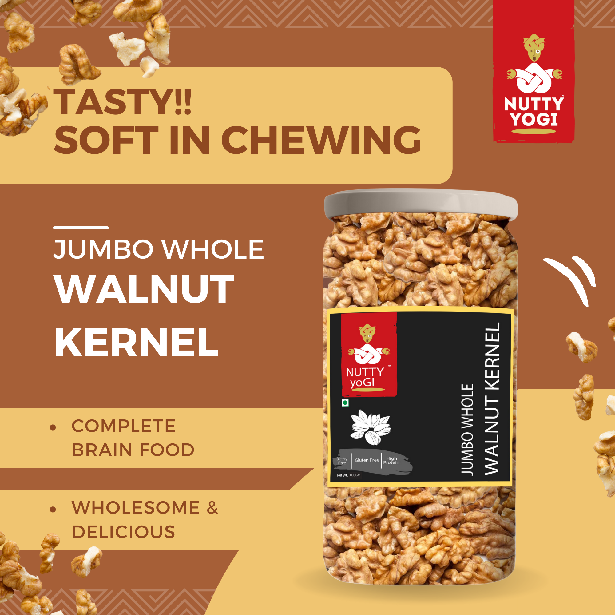 Nutty Yogi Walnuts Jar 100g| Premium Akrot Giri | Rich in Protein & Iron | Low Calorie Nut | 0g Trans Fat & Cholesterol Free