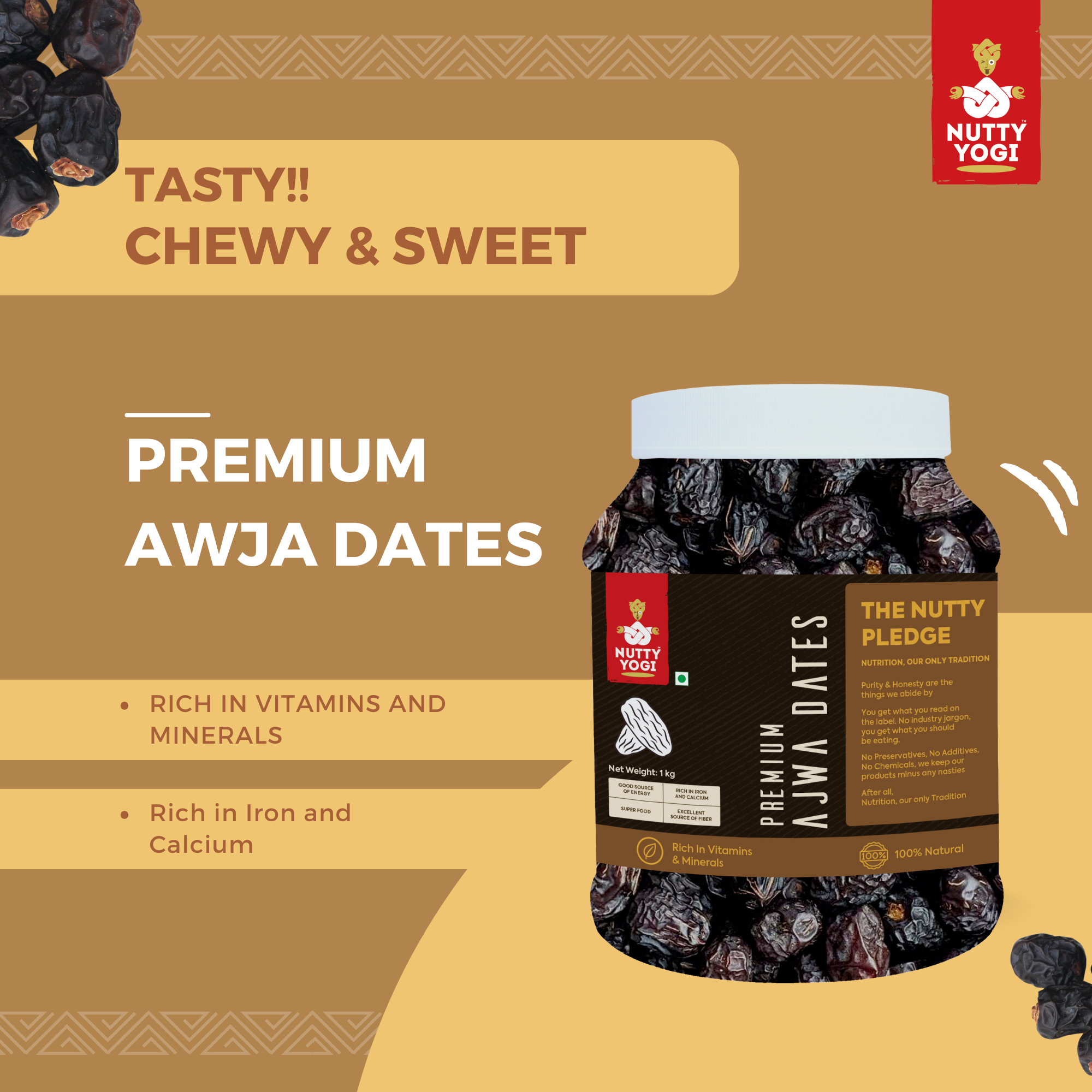 Nutty Yogi Ajwa Dates 1.2kgs Jar| Healthy & Nutritious Snack | Rich in Iron, Fibre, Immunity Booster, Protein & Vitamins |