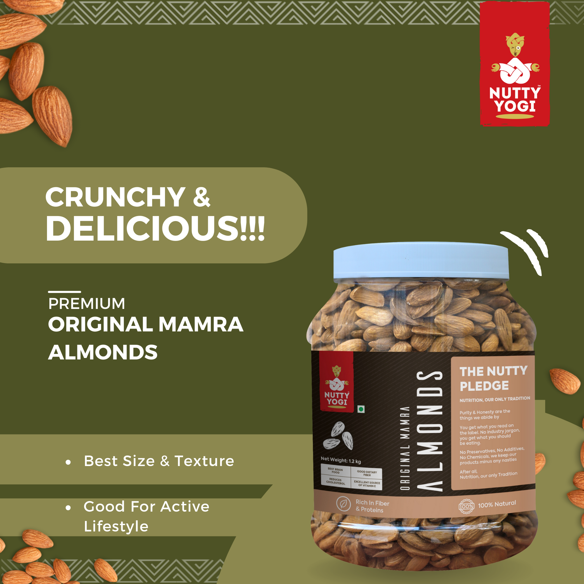 Nutty Yogi Mamra Almonds 1.2kgs jar | No Additives | Gluten Free | Vegan | Non GMO | Nuts | Dry Fruits