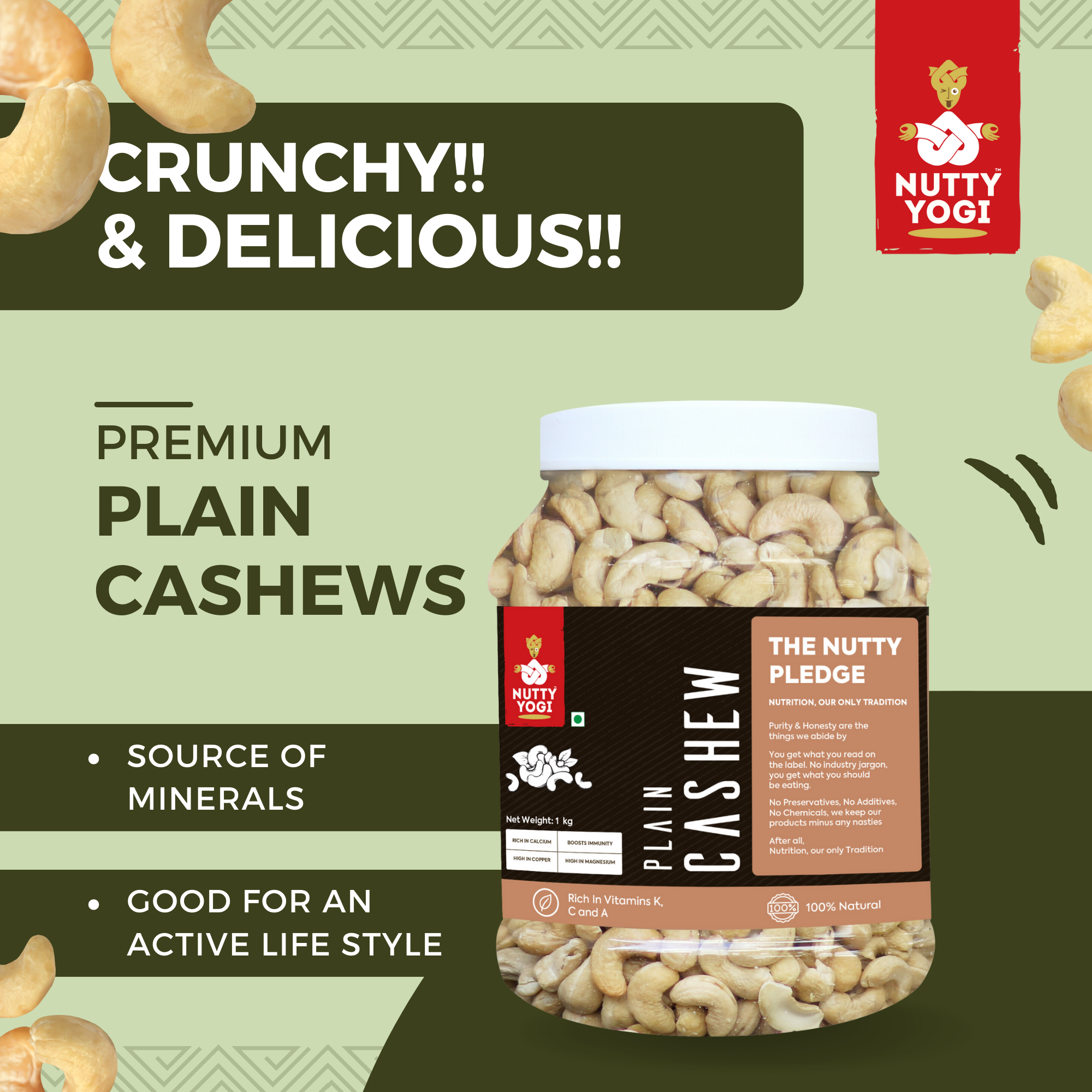 Nutty Yogi Cashew 1kg Jar| Whole Crunchy Cashew | Premium Kaju nuts Dry Fruit | Nutritious & Delicious | Gluten Free & Plant based Protein