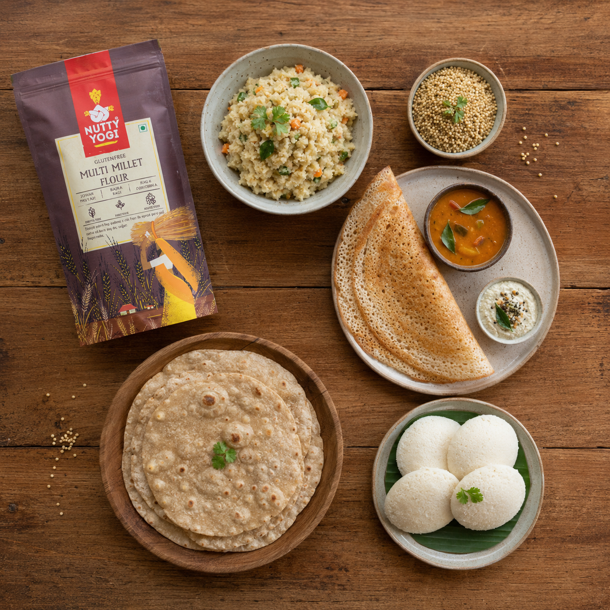 A Nutty Yog Multi Millet Flour packaging bag is displayed in a styled flat-lay on a rustic wooden table, surrounded by prepared dishes including dosa, idli, and rice dishes.