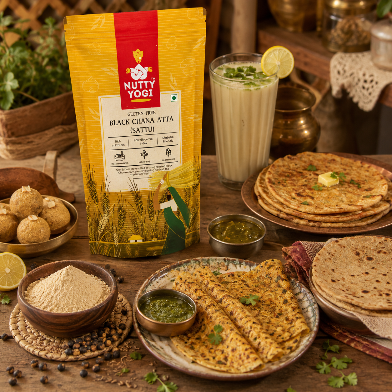 A bag of Nutty Yogi Black Chana Atta (Sattu) is displayed on a rustic wooden table surrounded by prepared food, including flatbreads, a glass of milk drink, and bowls of seasoning, creating a warm, appetizing scene.