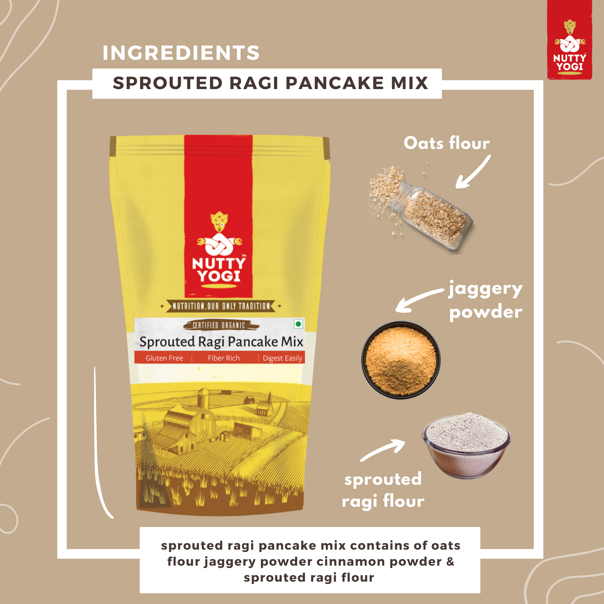 Sprouted Cinnamon Ragi Pancake Mix 400g | Fiber Rich | Gluten Free | Help to Digest Easily | Pancake Mix