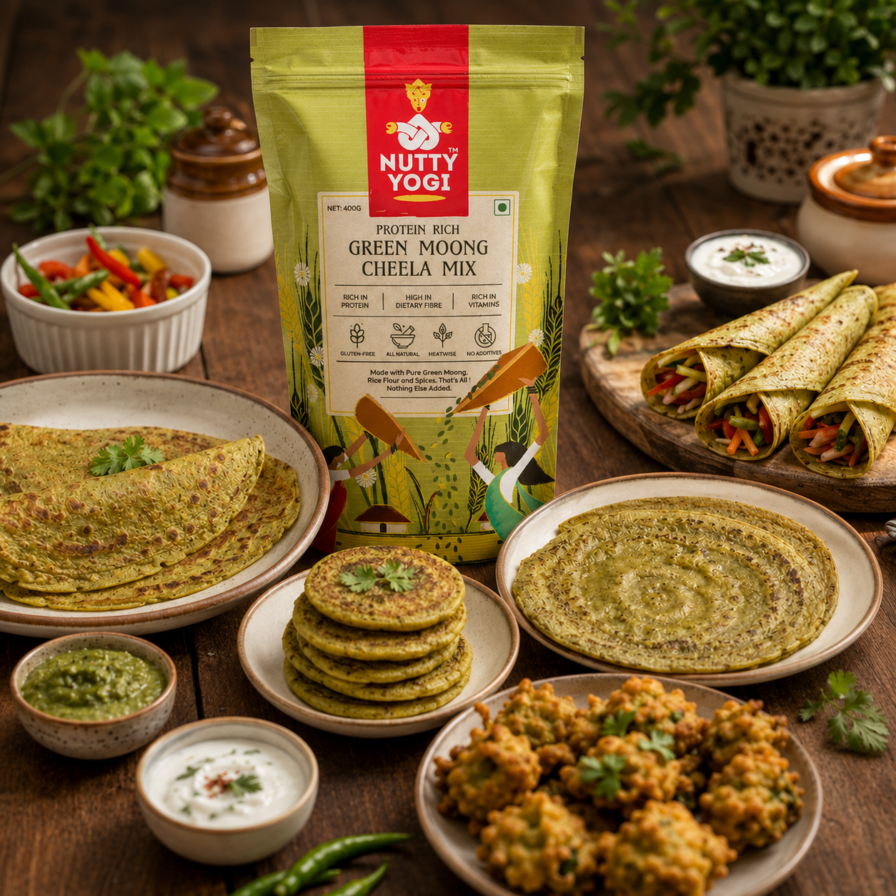 A bag of Nutty Yogt Green Moong Cheela Mix stands on a wooden table surrounded by prepared food plates, including rolled cheelas, stacked pancakes, a flatbread, and small bowls of chutney and yogurt. The product packaging is green and red, and the scene is styled with herbs and kitchen props.