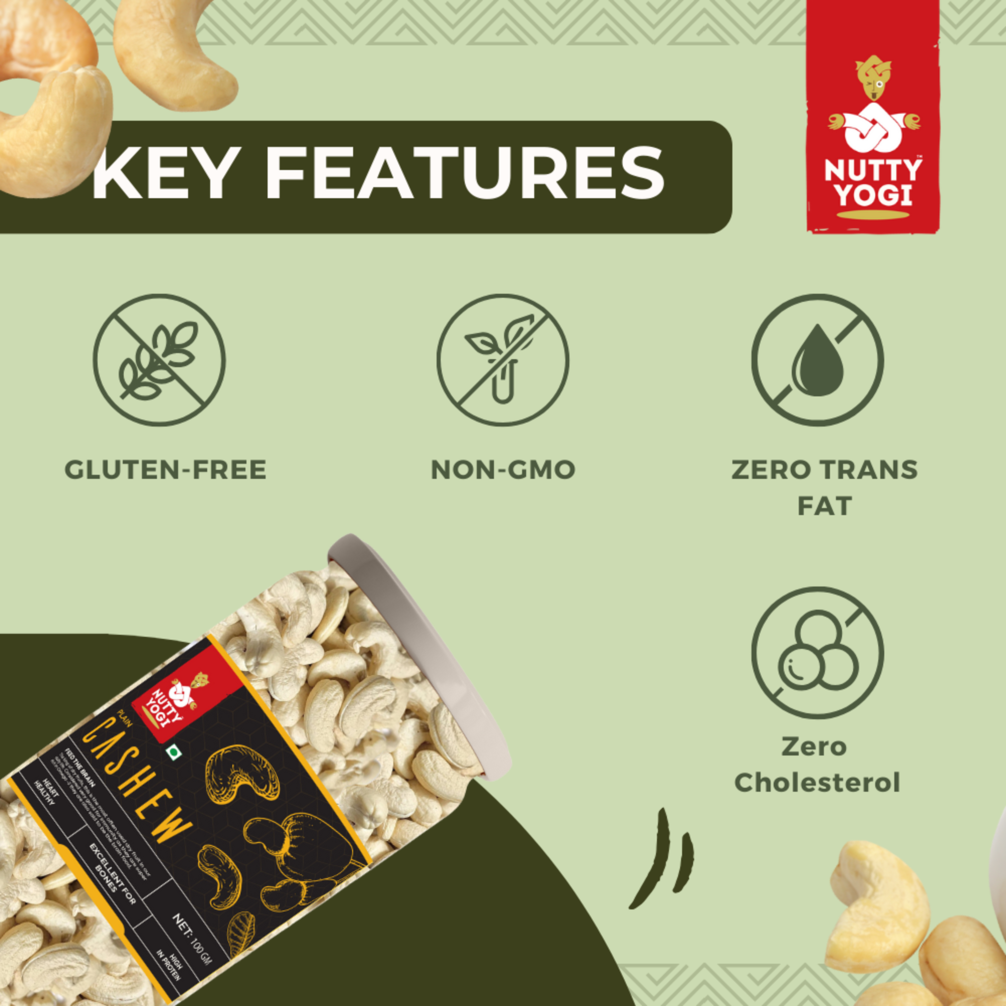 Nutty Yogi Cashew 100GM Jar| Whole Crunchy Cashew | Premium Kaju nuts Dry Fruit | Nutritious & Delicious | Gluten Free & Plant based Protein
