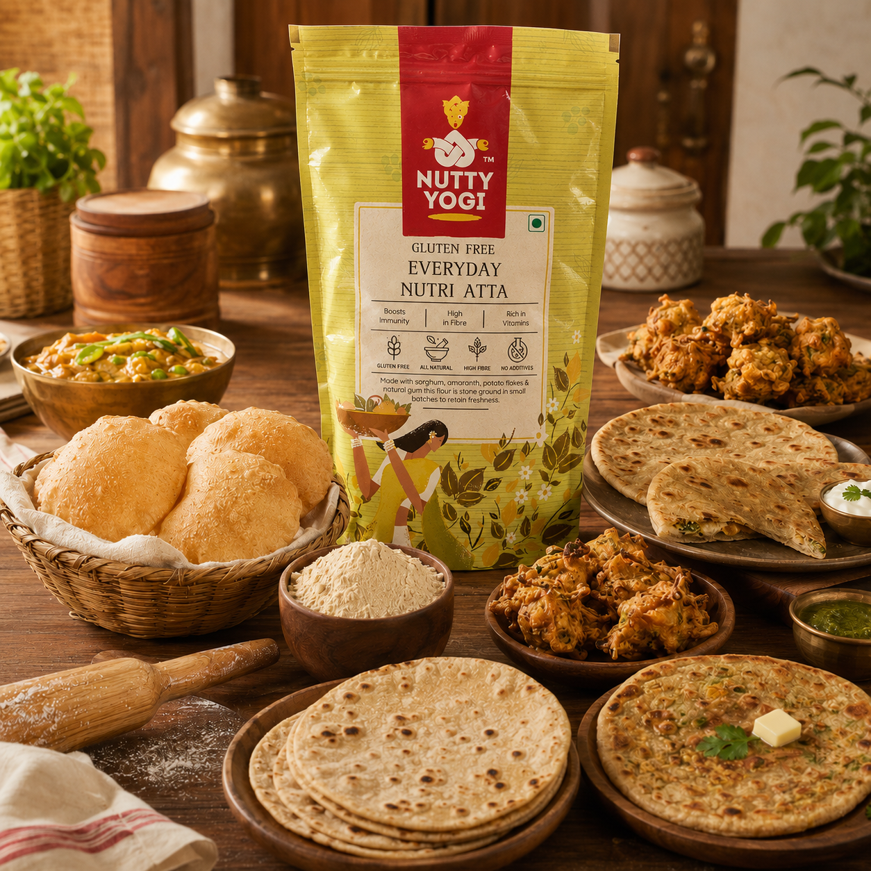 A bag of Nutty Yogi Gluten Free Everyday Nutri Atta stands on a wooden table surrounded by prepared foods including flatbreads, bread rolls, and fried items. The packaging is bright yellow with a red top panel and green leaf accents, while the surrounding food is styled in warm kitchen tones.