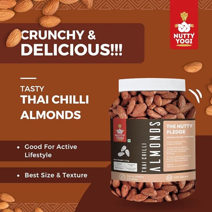 Nutty Yogi Thai Chilli flavoured Almonds| Nutrition On The Go| Roasted, Flavorful & Fiber-Rich| 1.2kgs Jar