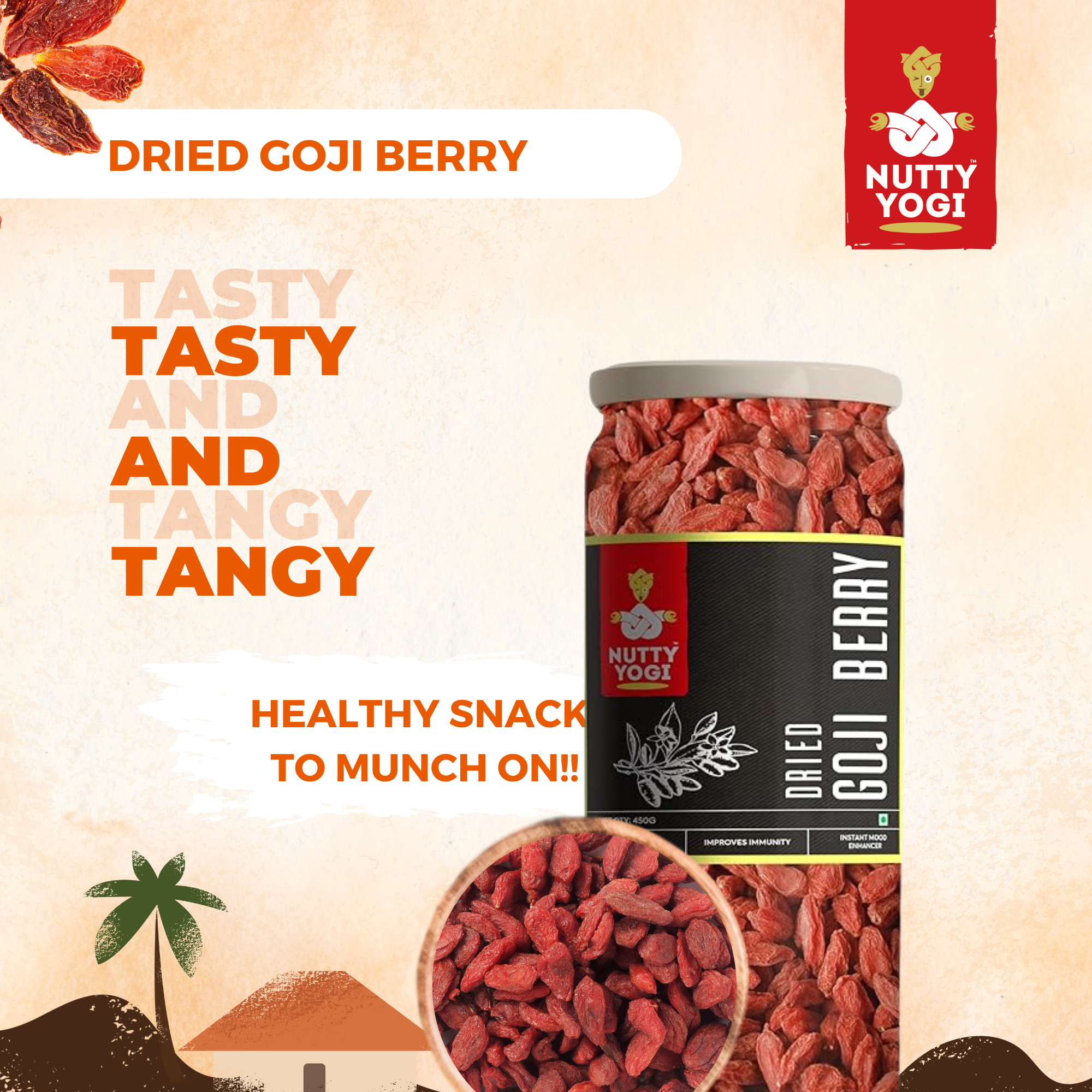 Nutty Yogi Dried Goji Berries, 450g (Unsweetened | Garnish or Add to Fruit Salads, Oatmeal, Mueslis, Trail Mixes, Ice creams, Baked Goods)