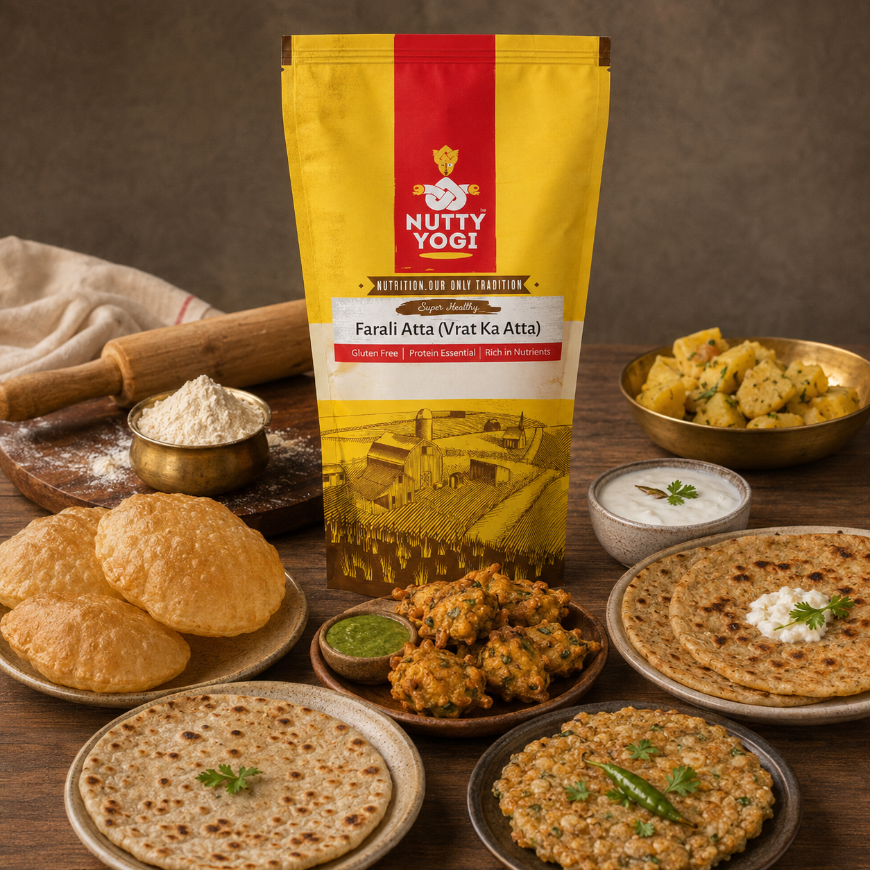 A bag of Nutty Yogi Farali Atta (Vrat Ka Atta) stands prominently in the center of a styled Indian food spread on a rustic wooden table, surrounded by flatbreads, fried snacks, chutney, and a rolling pin.
