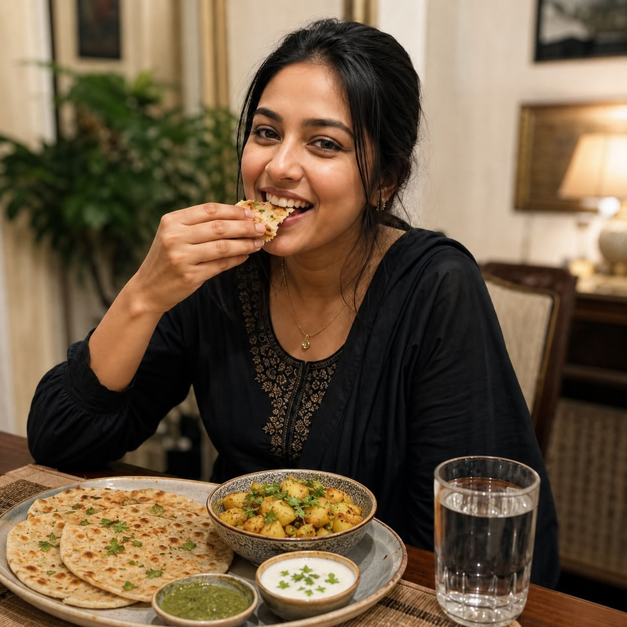 A woman in a black embroidered kurta smiles while eating a piece of flatbread at a dining table, with a plate of Indian food, small bowls of chutney and raita, and a glass of water in a warmly lit indoor setting.