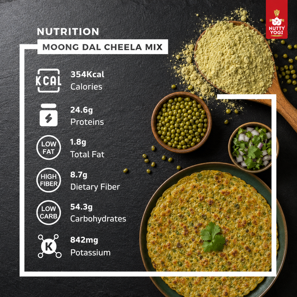 Moong Dal Cheela Mix nutrition infographic on a dark slate background, showing product facts and a plated prepared cheela with bowls of green moong beans, chopped onions, and a spoonful of powder. Nutty Veedi brand logo appears in the top right.