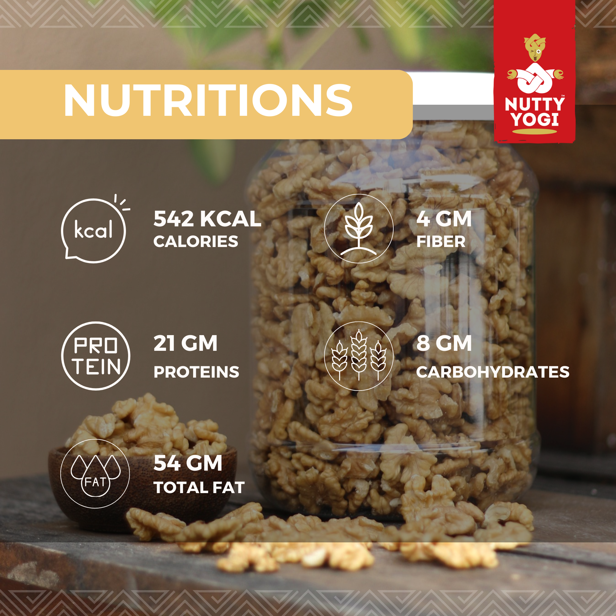 Nutty Yogi Walnuts Jar 200g| Premium Akrot Giri | Rich in Protein & Iron | Low Calorie Nut | 0g Trans Fat & Cholesterol Free