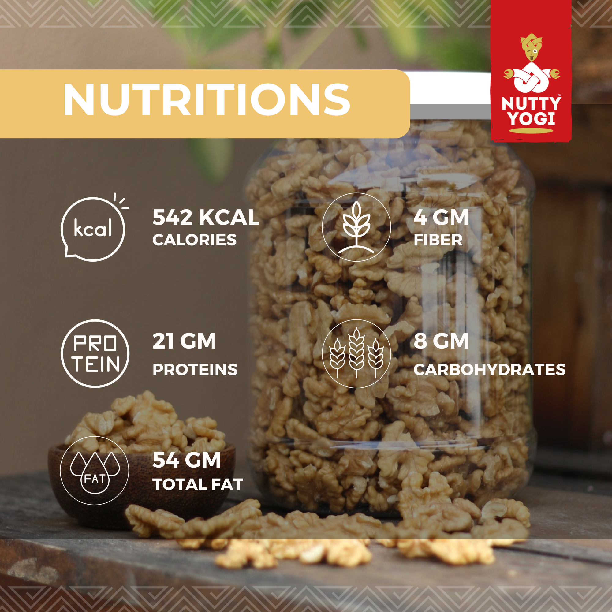 Nutty Yogi Walnuts Jar 100g| Premium Akrot Giri | Rich in Protein & Iron | Low Calorie Nut | 0g Trans Fat & Cholesterol Free