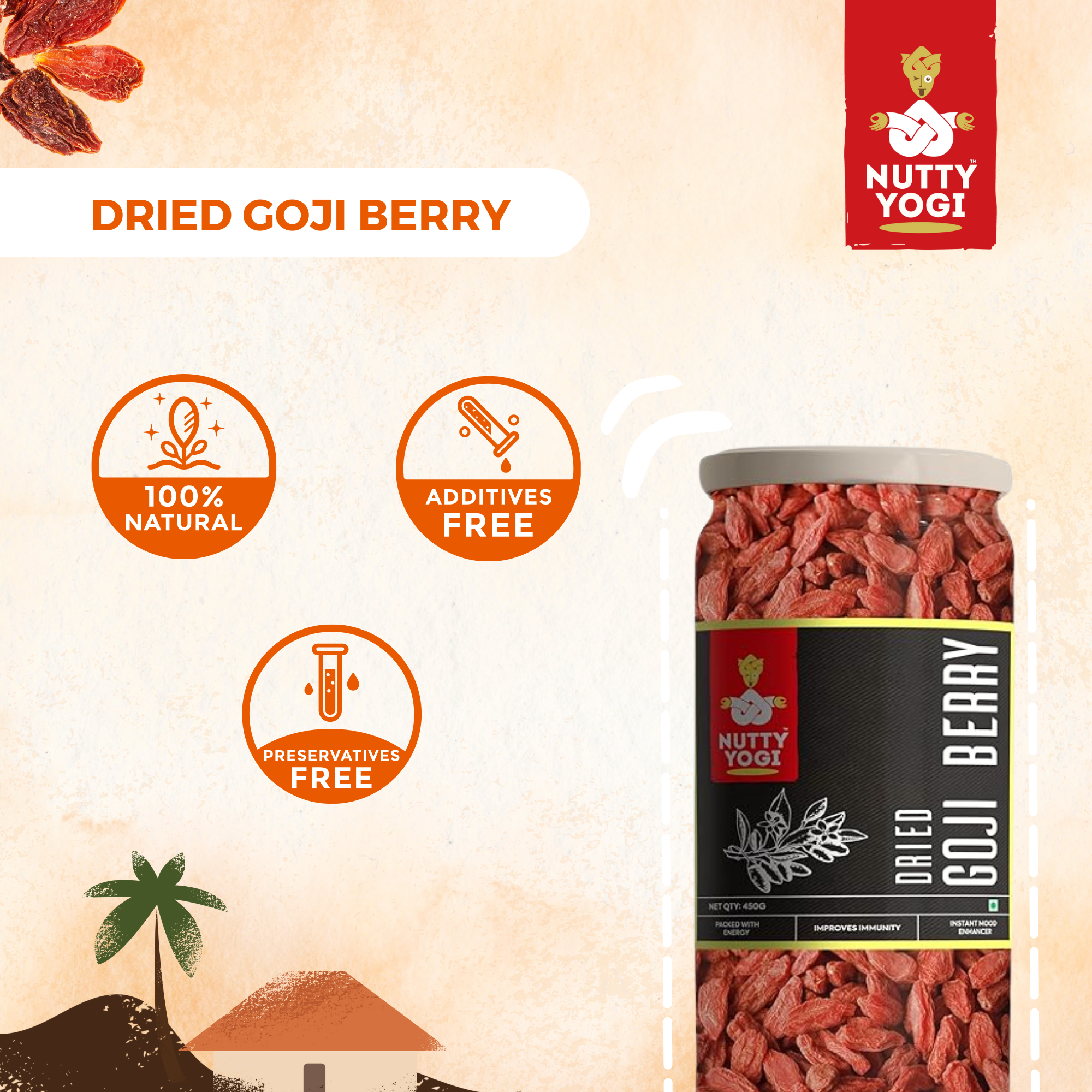 Nutty Yogi Dried Goji Berries, 450g (Unsweetened | Garnish or Add to Fruit Salads, Oatmeal, Mueslis, Trail Mixes, Ice creams, Baked Goods)