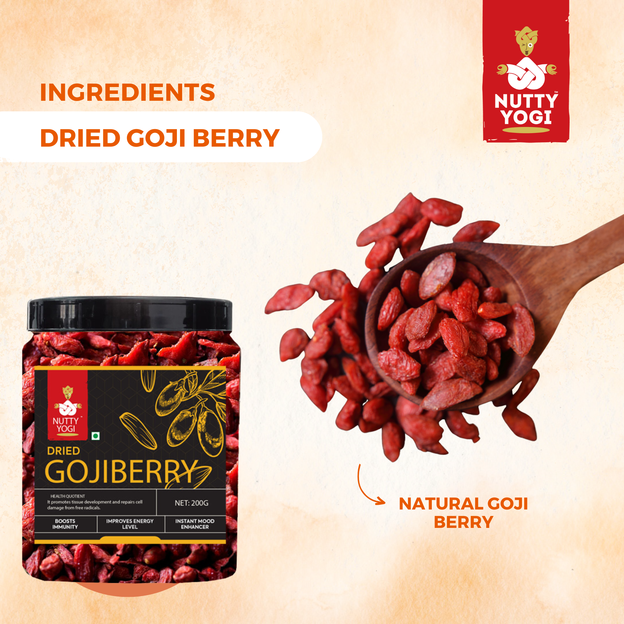 Nutty Yogi Dried Goji Berries, 250g (Unsweetened | Garnish or Add to Fruit Salads, Oatmeal, Mueslis, Trail Mixes, Ice creams, Baked Goods)