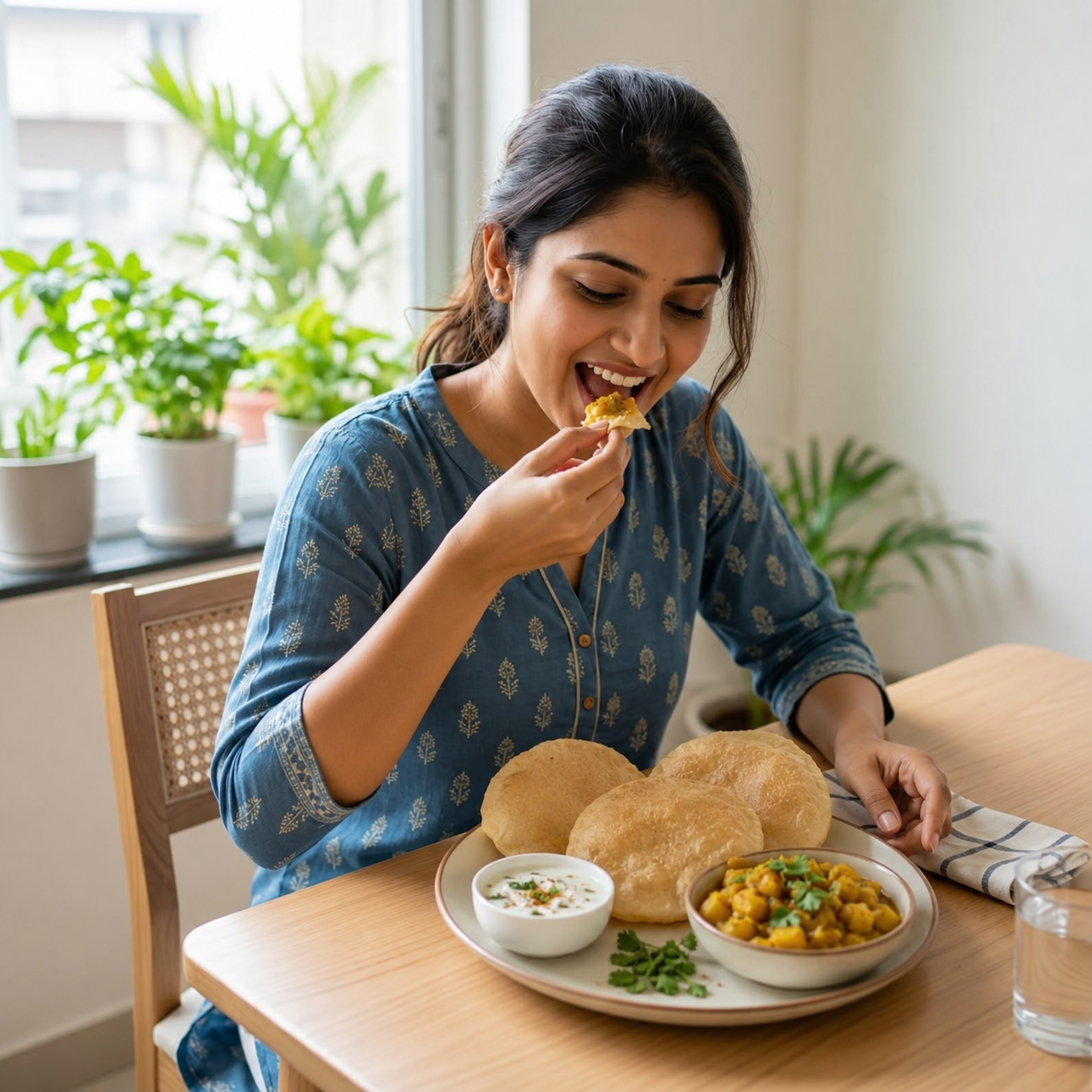 A woman in a blue patterned blouse sits at a wooden table, eating from a plate of Indian food with naan bread, chana dal, and a chutney dip. The scene is set in a bright, modern kitchen with potted plants in the background.