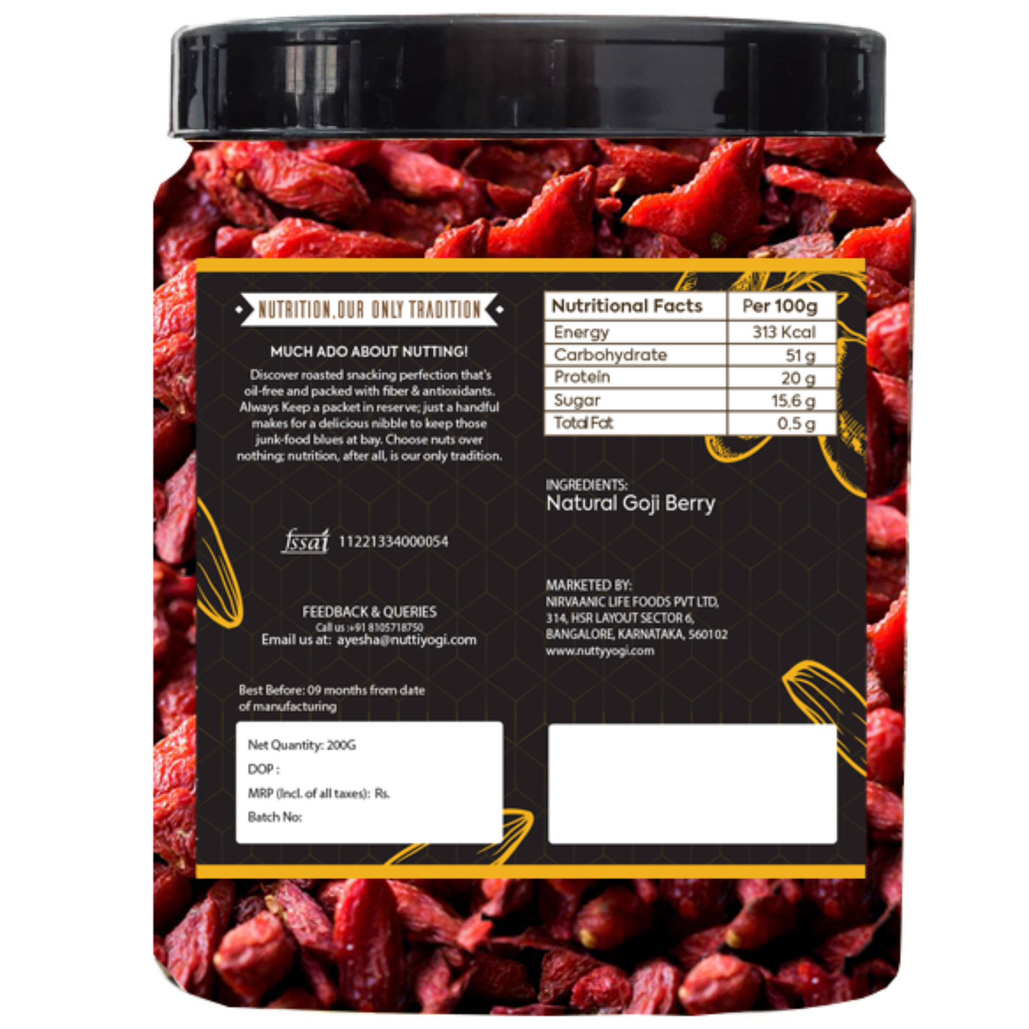 Nutty Yogi Dried Goji Berries, 250g (Unsweetened | Garnish or Add to Fruit Salads, Oatmeal, Mueslis, Trail Mixes, Ice creams, Baked Goods)