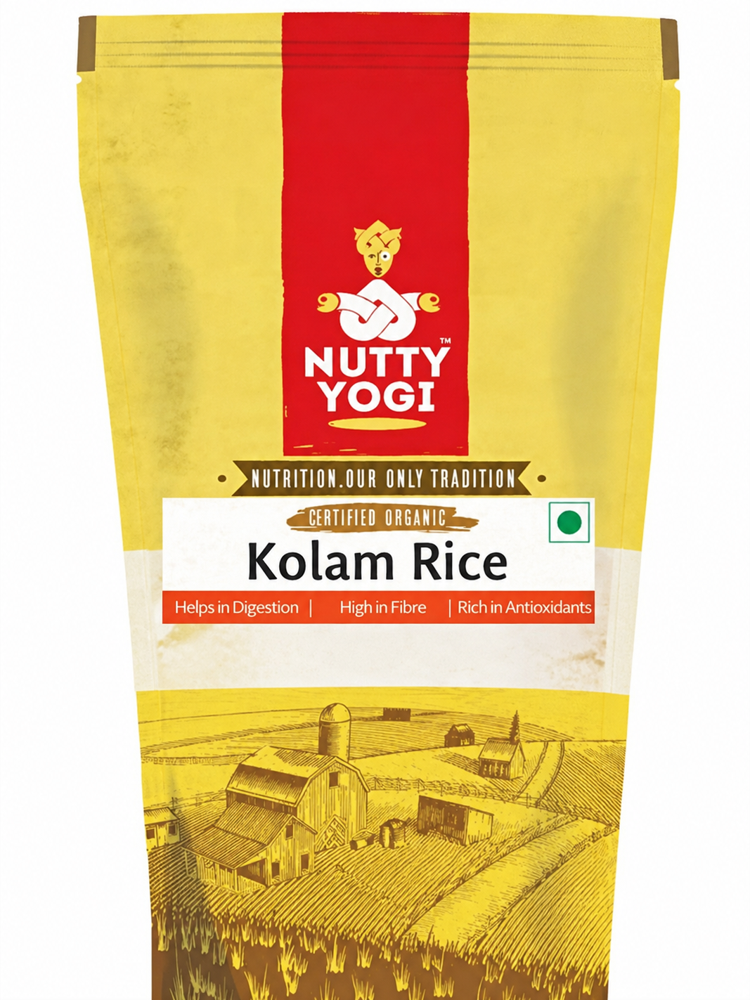 A stand-up pouch of Nutty Yogi Kolam Rice, featuring a bright yellow and red design with a white label section and an illustration of a farm at the bottom.