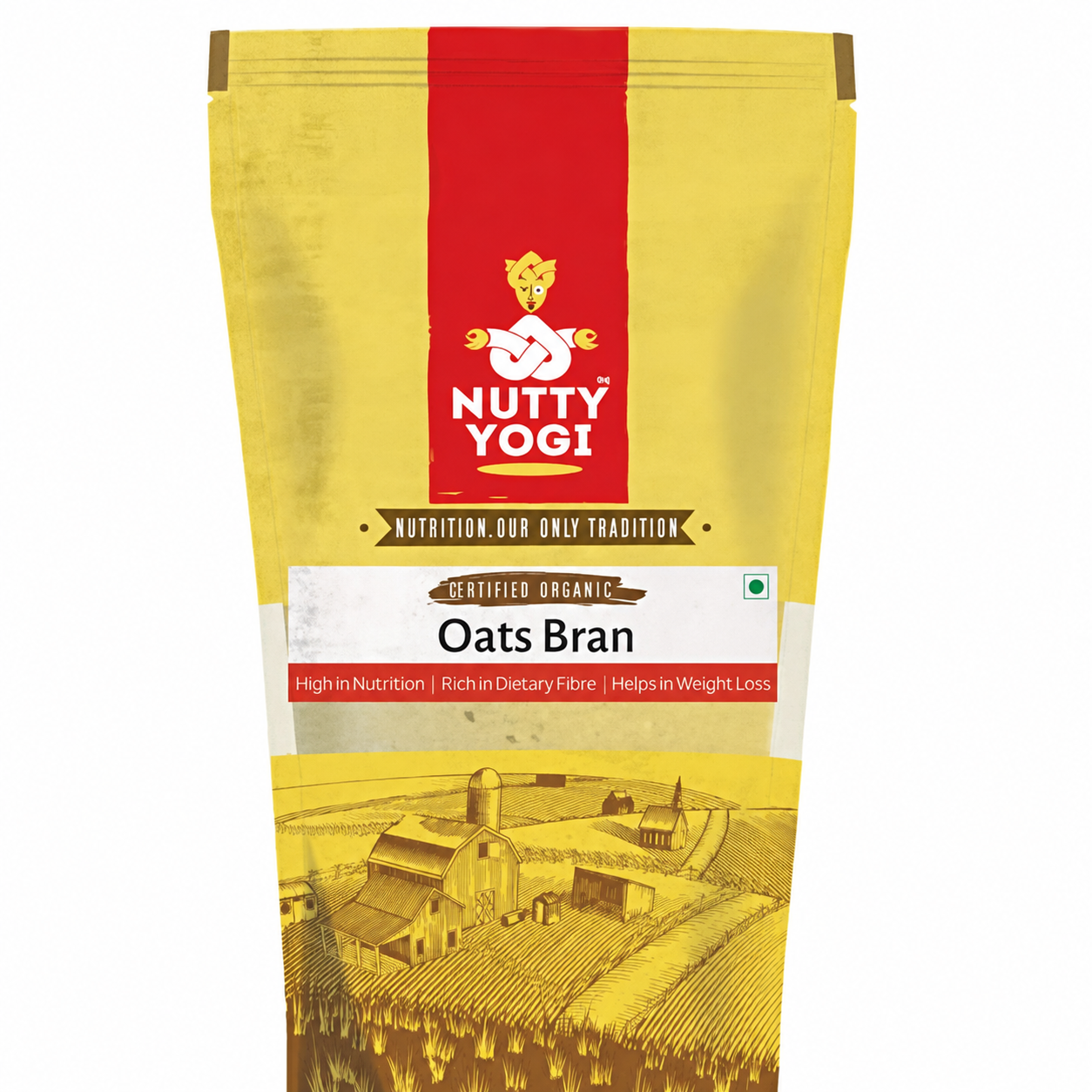 A stand-up pouch of Nutty Yogi Oats Bran, featuring a bright yellow and red design with an illustration of a farm at the bottom.