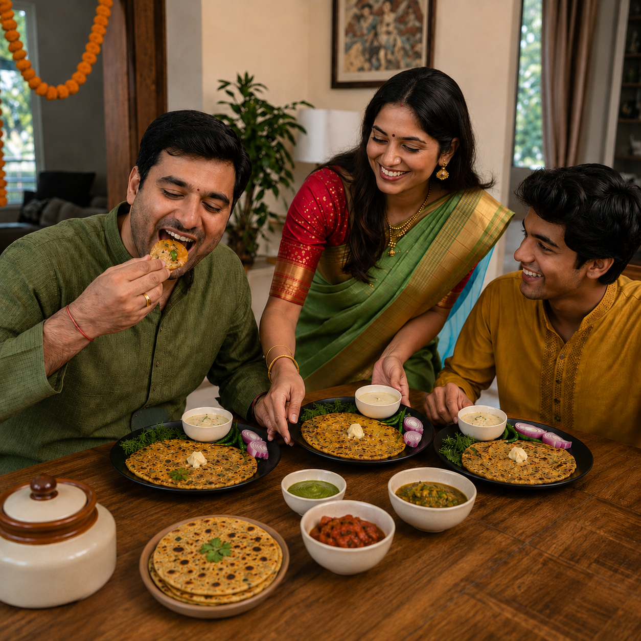 Three people gathered around a wooden table in a home setting, sharing a meal with Indian dishes including dosas, chutneys, and a teapot. The man on the left is eating a dosa, the woman in the center is serving food, and the man on the right is smiling.