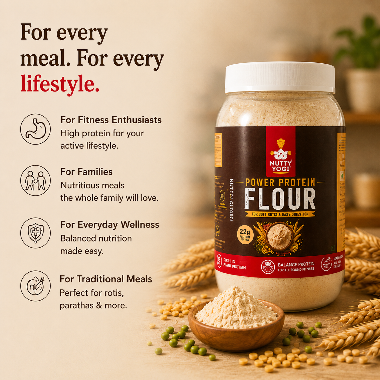 Nutty Yogi Power Protein Flour I Digestible Protein I Soft Roti I 22g Protein per meal