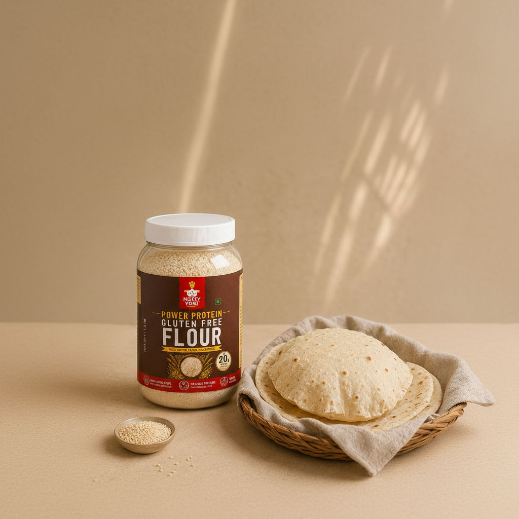 Jar of Nutty Yogi Power Protein Gluten Free Flour with roti and flour on a table