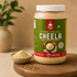 Jar of Nutty Yogi Power Protein Cheela on a wooden board with a plant in the background