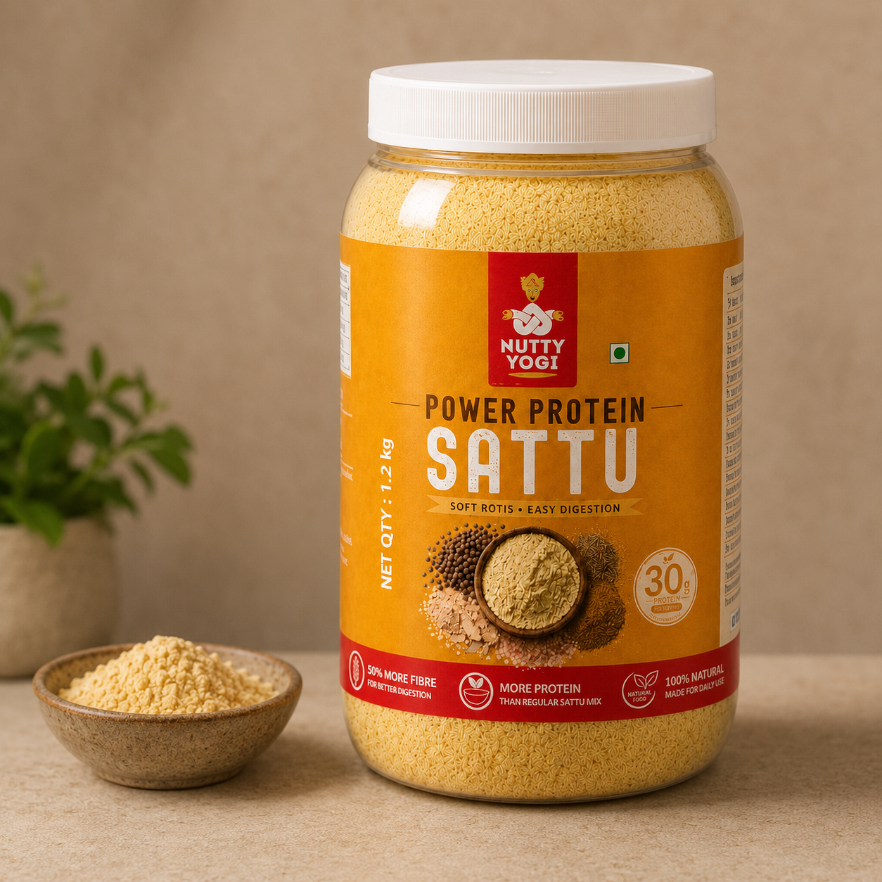 Jar of Nutty Yogi Power Protein Sattu with a bowl of powder on a beige background
