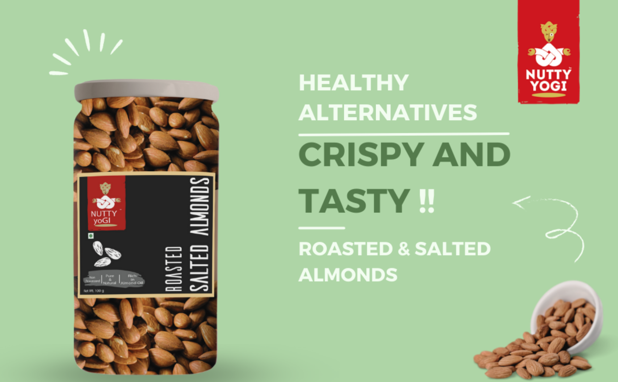 Nutty Yogi Healthy Treat Roasted Salted Almonds, Whole, Food For The Brain; 100 Gm